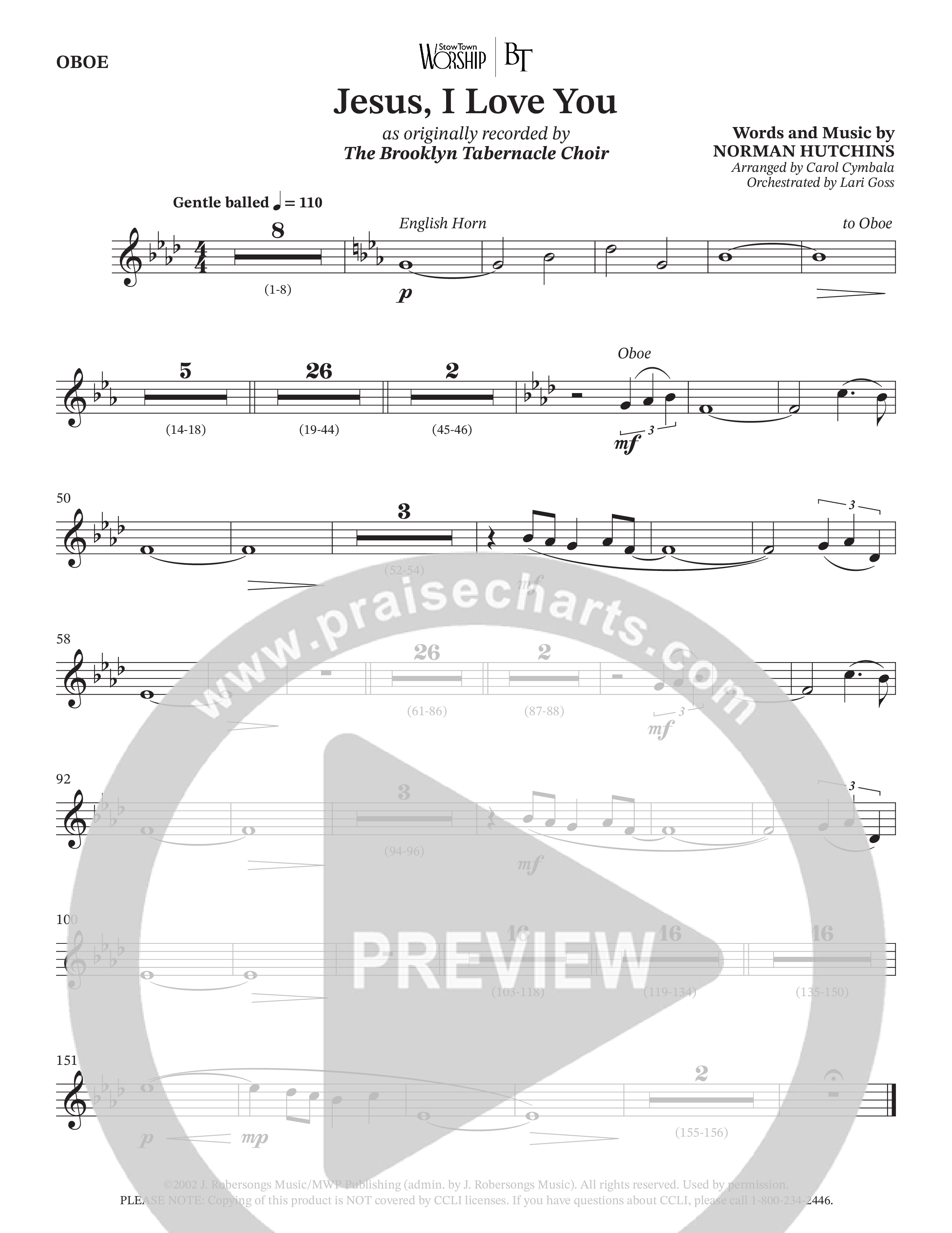 Jesus I Love You (Choral Anthem SATB) Oboe (The Brooklyn Tabernacle Choir / Arr. Carol Cymbala / Orch. Lari Goss)