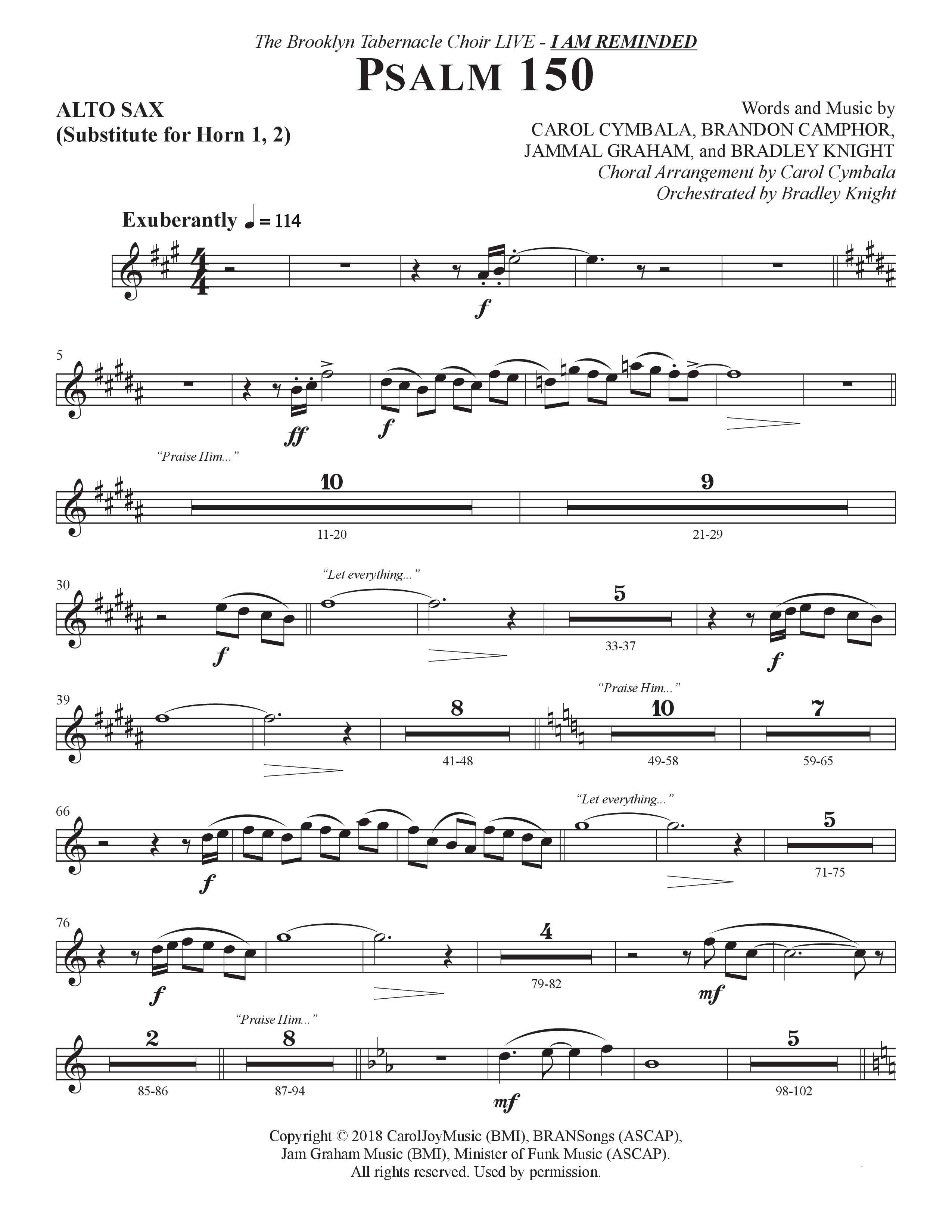 Psalm 150 (Choral Anthem SATB) Alto Sax (The Brooklyn Tabernacle Choir / Brandon Camphor / Arr. Carol Cymbala / Orch. Bradley Knight)