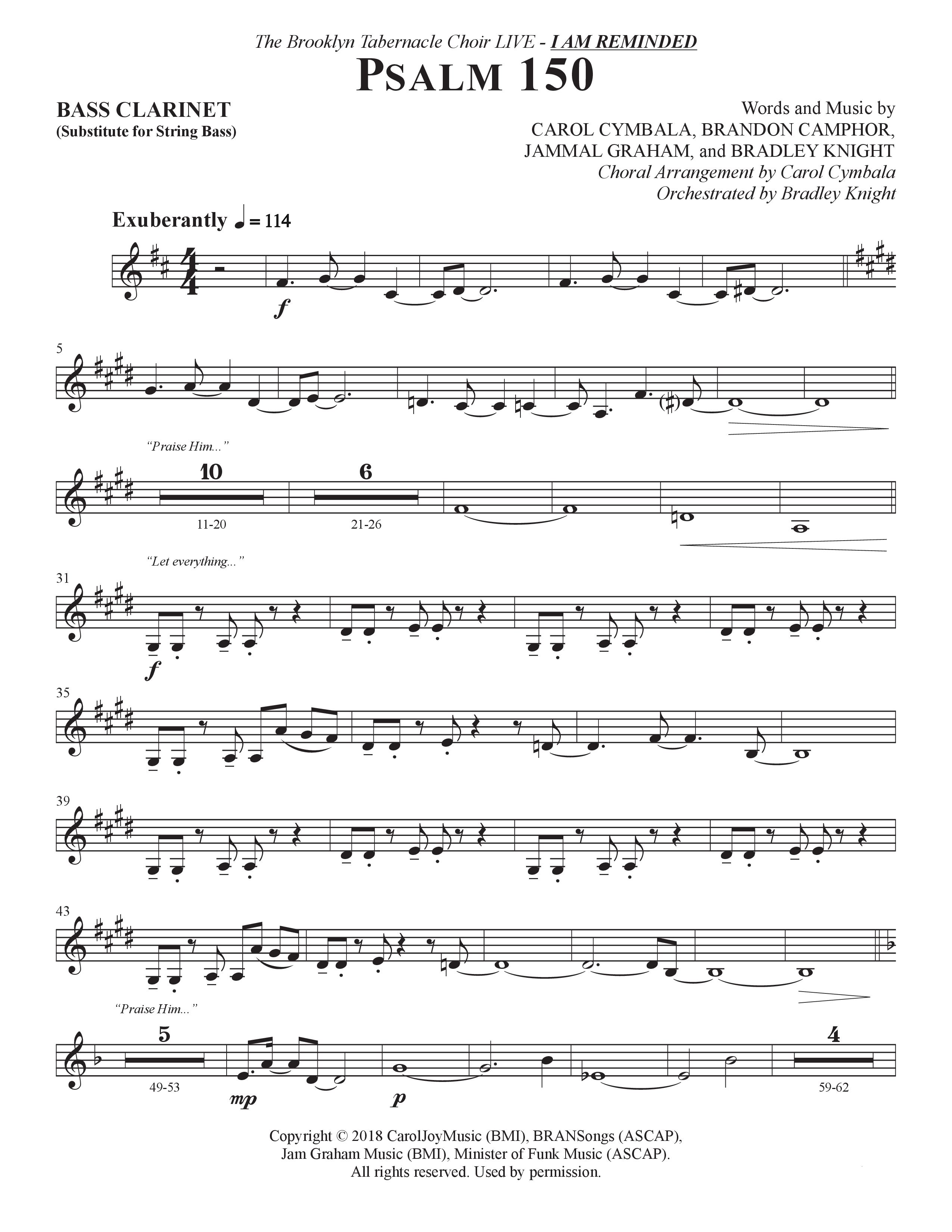 Psalm 150 (Choral Anthem SATB) Bass Clarinet (The Brooklyn Tabernacle Choir / Brandon Camphor / Arr. Carol Cymbala / Orch. Bradley Knight)