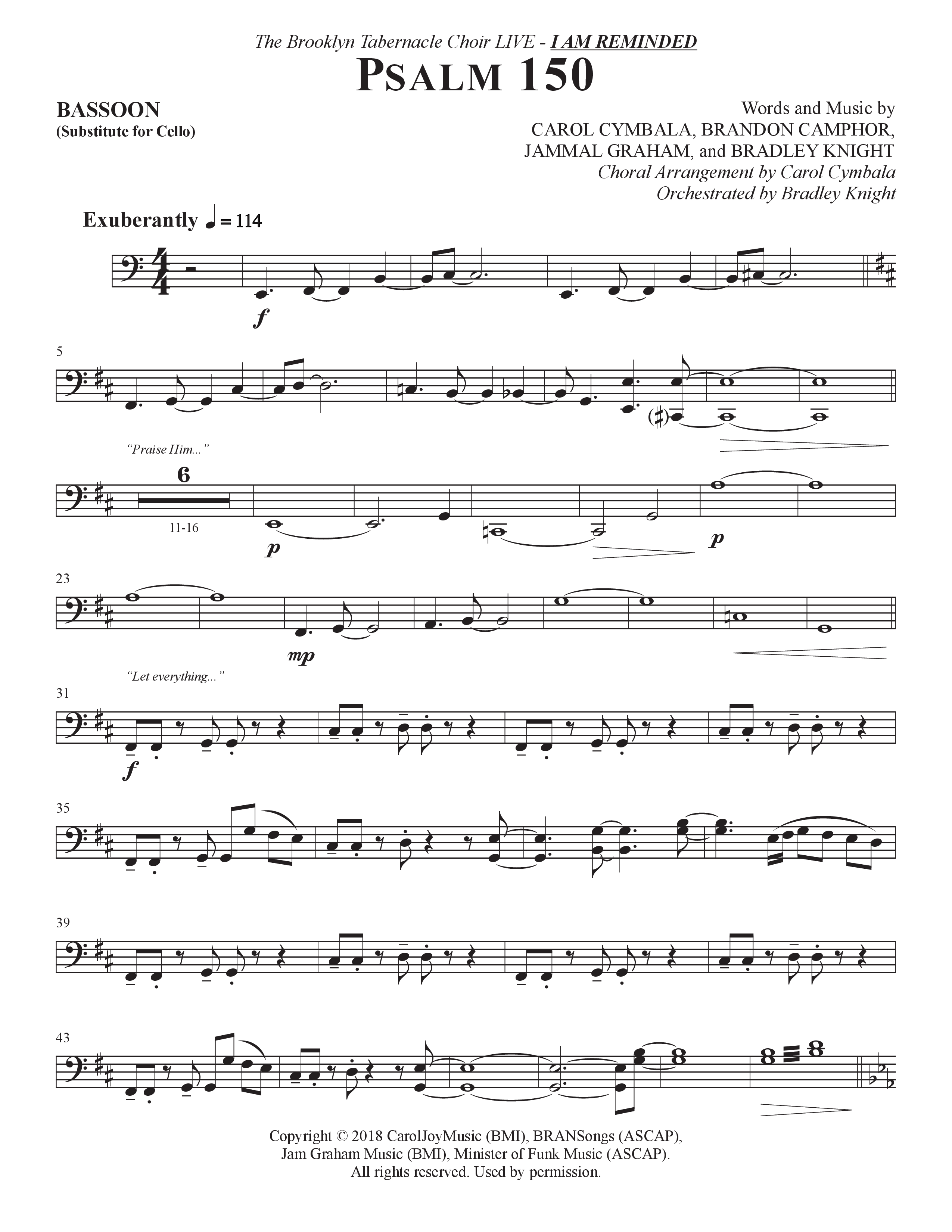 Psalm 150 (Choral Anthem SATB) Bassoon (The Brooklyn Tabernacle Choir / Brandon Camphor / Arr. Carol Cymbala / Orch. Bradley Knight)