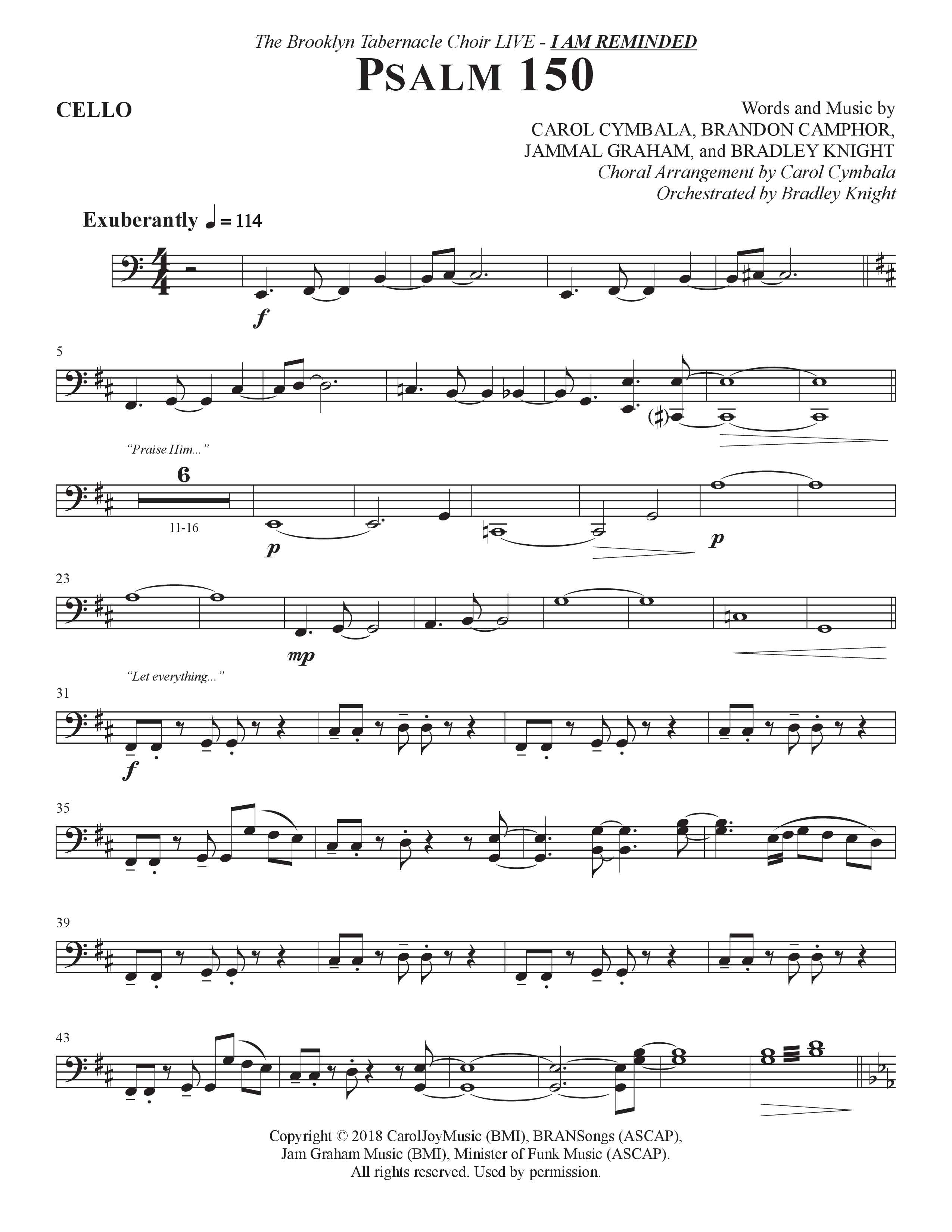 Psalm 150 (Choral Anthem SATB) Cello (The Brooklyn Tabernacle Choir / Brandon Camphor / Arr. Carol Cymbala / Orch. Bradley Knight)