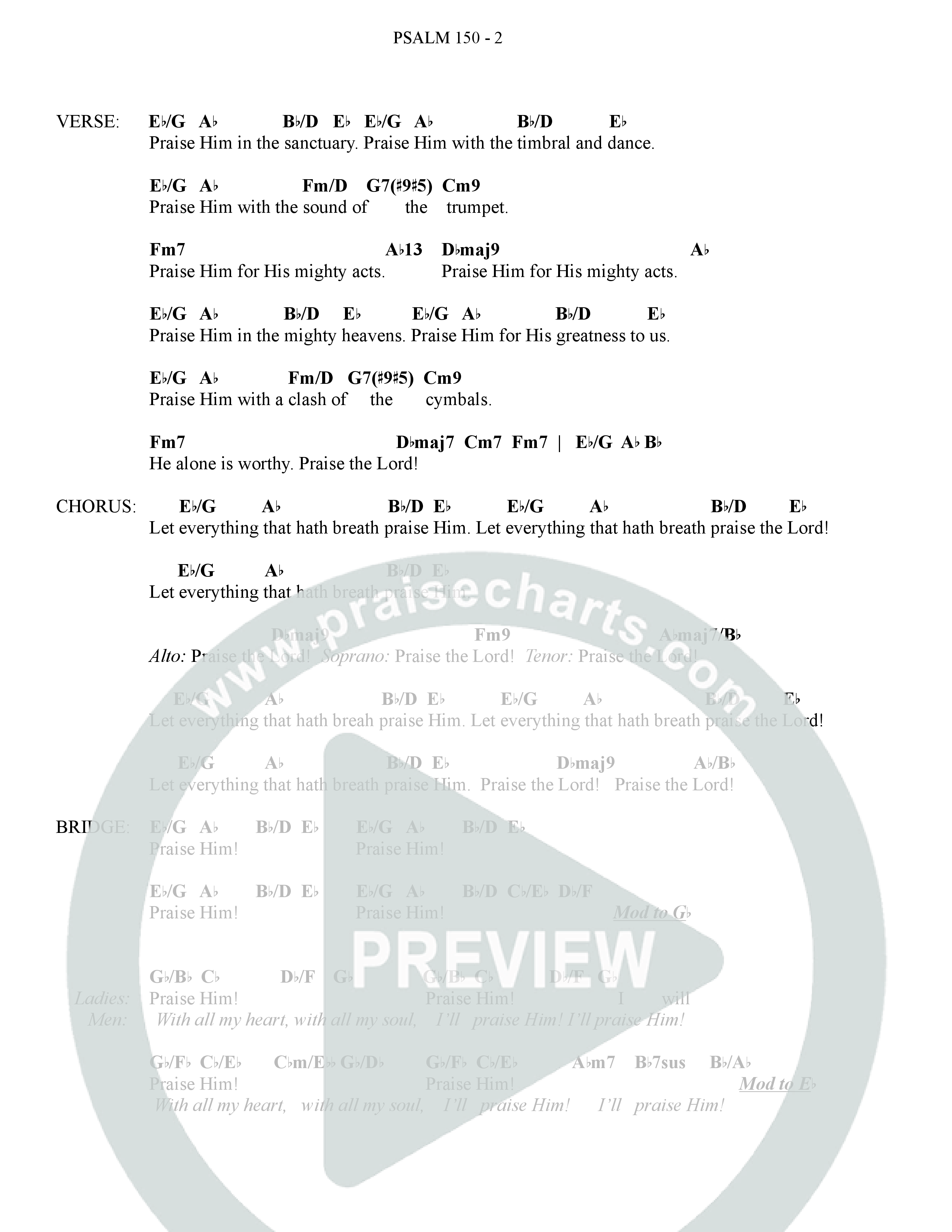 Psalm 150 (Choral Anthem SATB) Chord Chart (The Brooklyn Tabernacle Choir / Brandon Camphor / Arr. Carol Cymbala / Orch. Bradley Knight)
