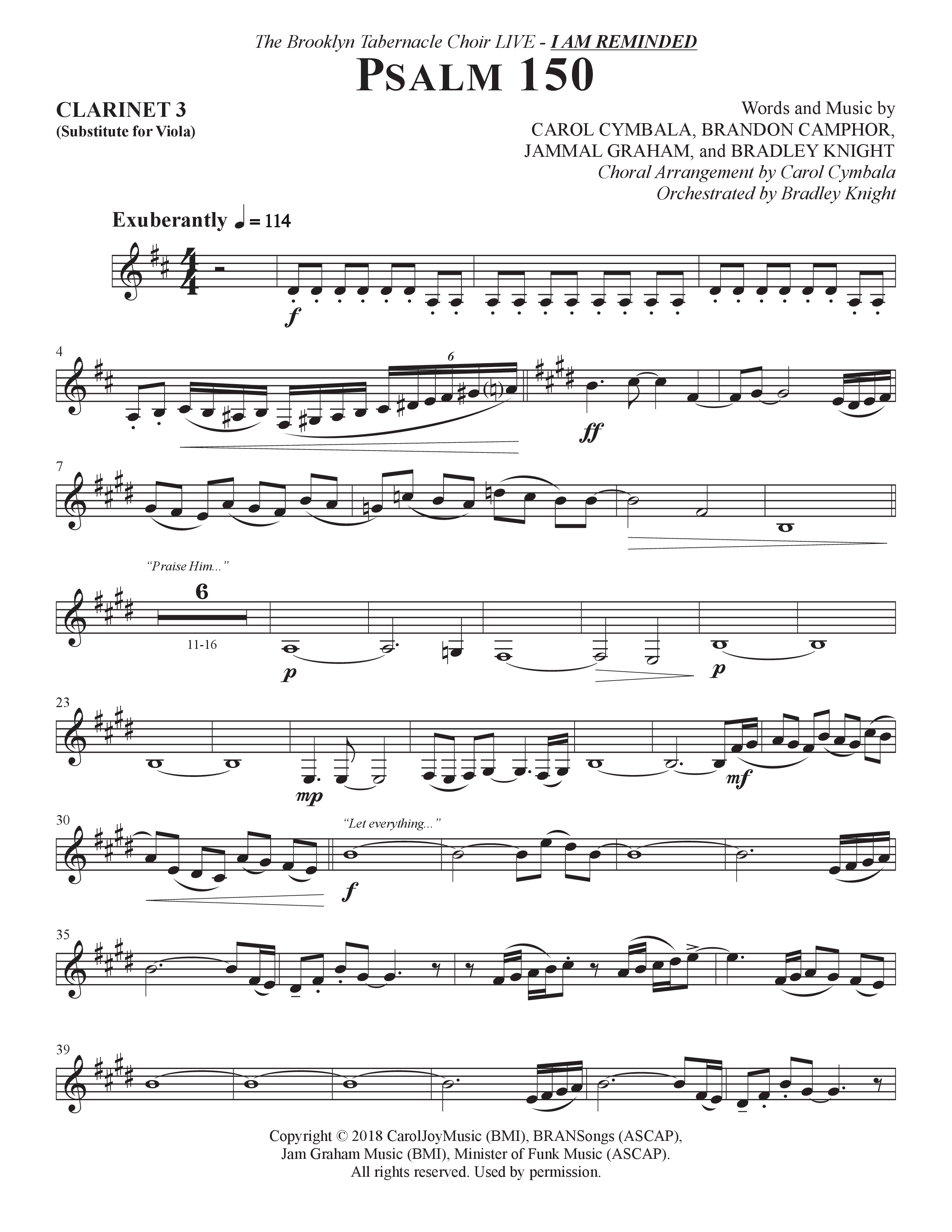 Psalm 150 (Choral Anthem SATB) Clarinet 3 (The Brooklyn Tabernacle Choir / Brandon Camphor / Arr. Carol Cymbala / Orch. Bradley Knight)