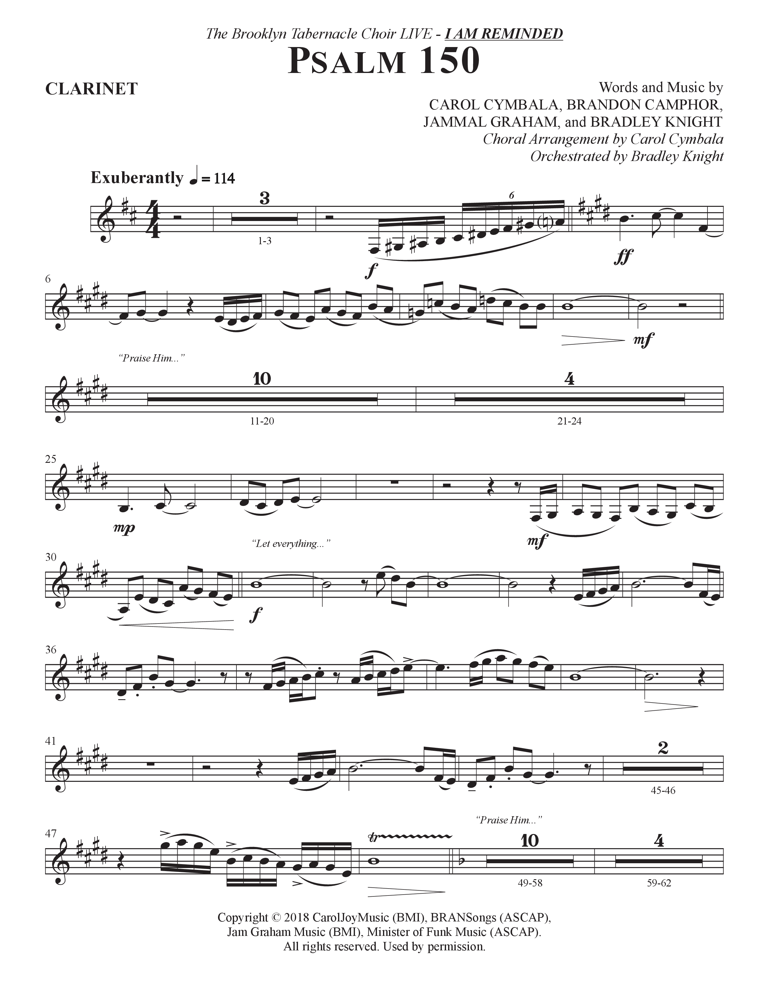 Psalm 150 (Choral Anthem SATB) Clarinet (The Brooklyn Tabernacle Choir / Brandon Camphor / Arr. Carol Cymbala / Orch. Bradley Knight)