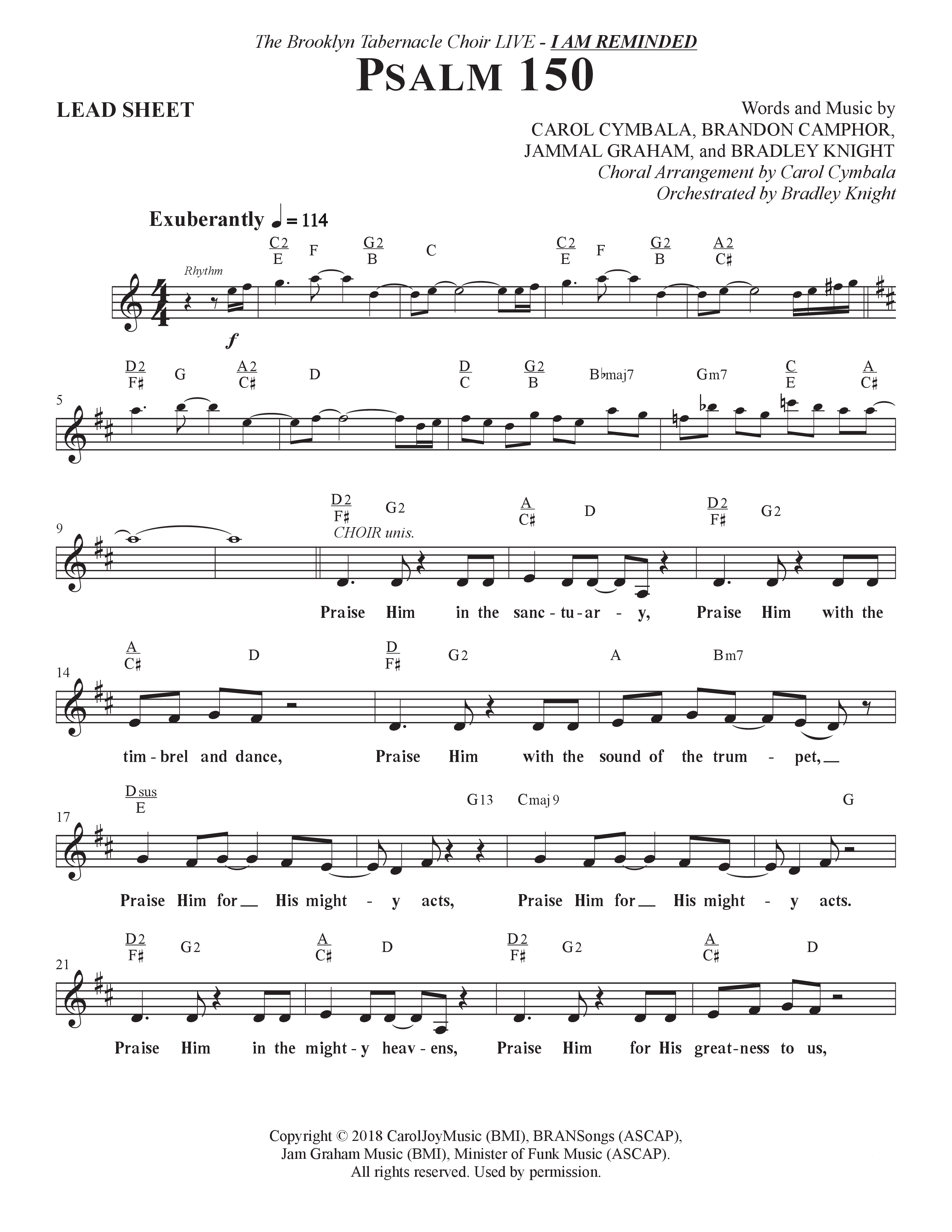 Psalm 150 (Choral Anthem SATB) Lead Sheet (Melody) (The Brooklyn Tabernacle Choir / Brandon Camphor / Arr. Carol Cymbala / Orch. Bradley Knight)