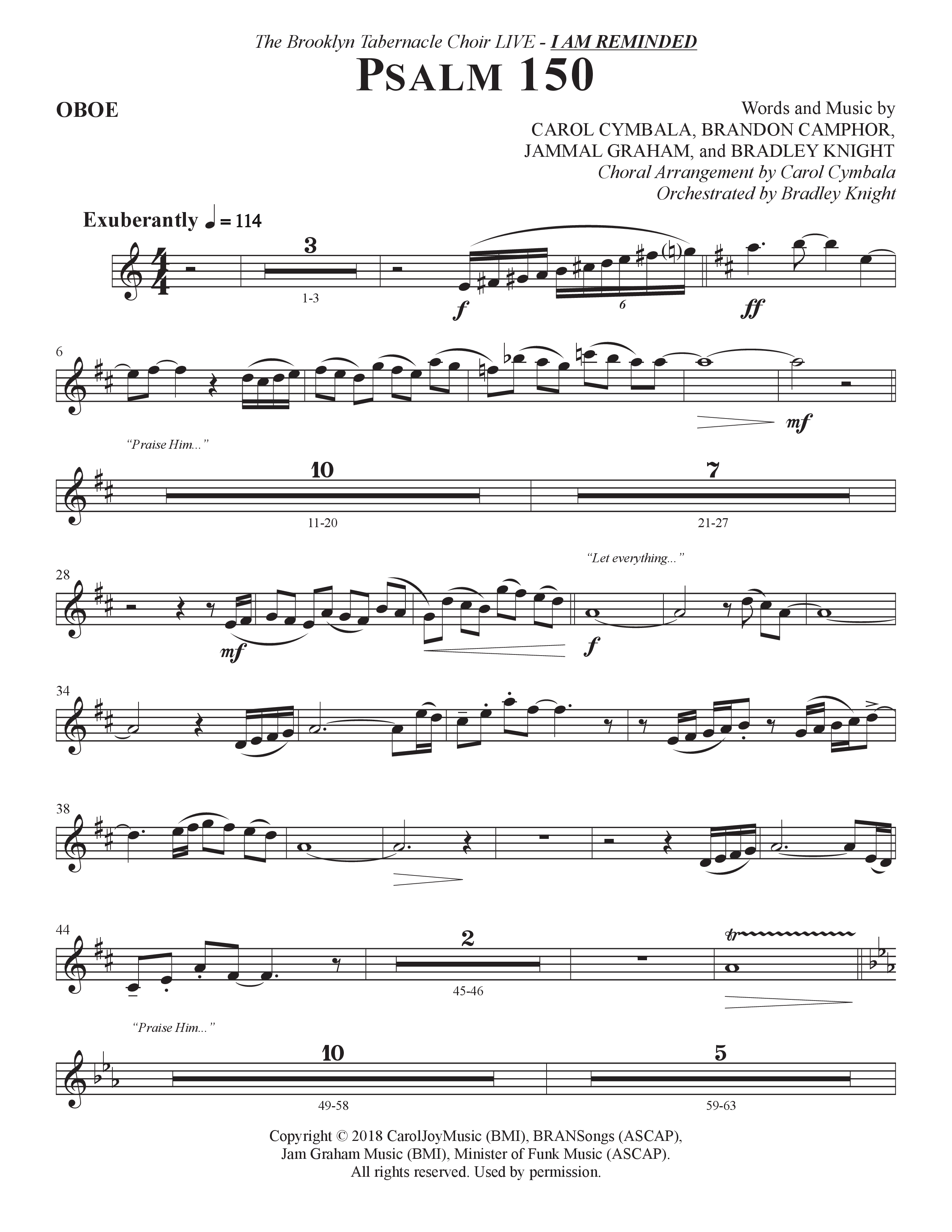 Psalm 150 (Choral Anthem SATB) Oboe (The Brooklyn Tabernacle Choir / Brandon Camphor / Arr. Carol Cymbala / Orch. Bradley Knight)