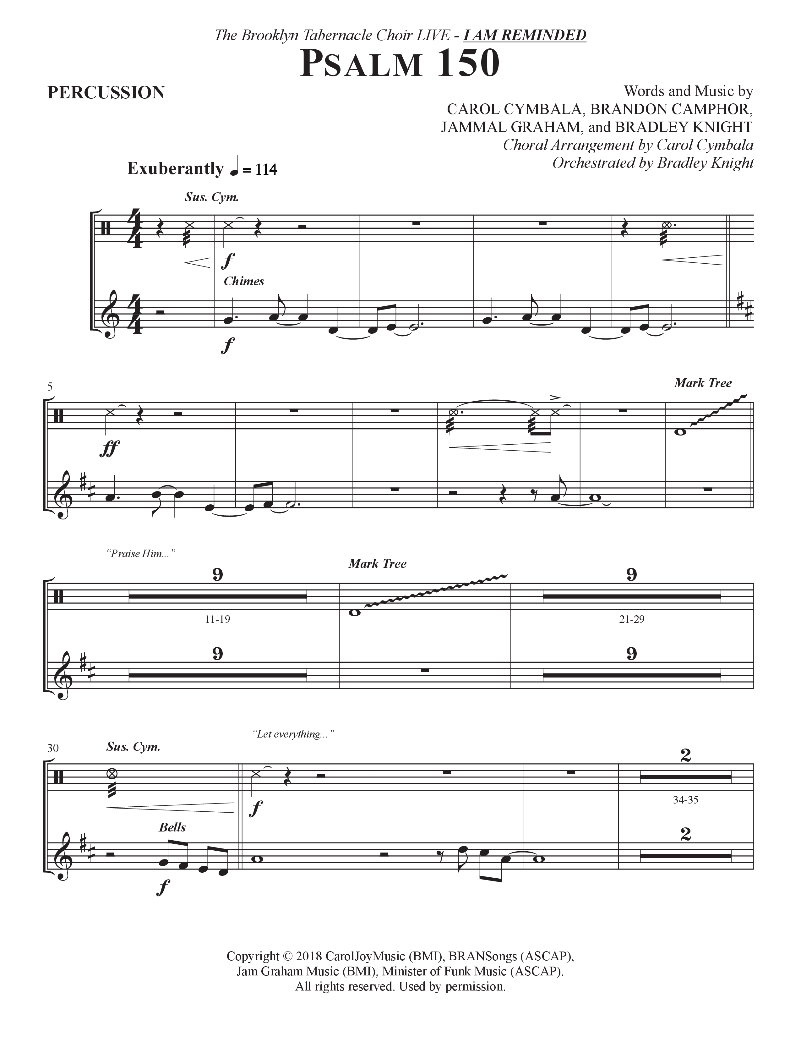Psalm 150 (Choral Anthem SATB) Percussion (The Brooklyn Tabernacle Choir / Brandon Camphor / Arr. Carol Cymbala / Orch. Bradley Knight)