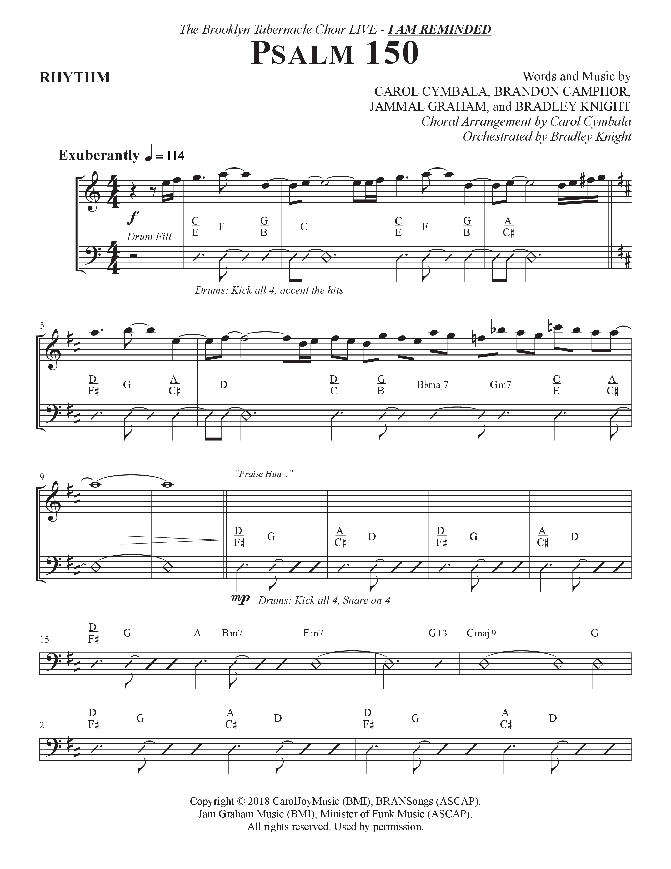 Psalm 150 (Choral Anthem SATB) Rhythm Chart (The Brooklyn Tabernacle Choir / Brandon Camphor / Arr. Carol Cymbala / Orch. Bradley Knight)