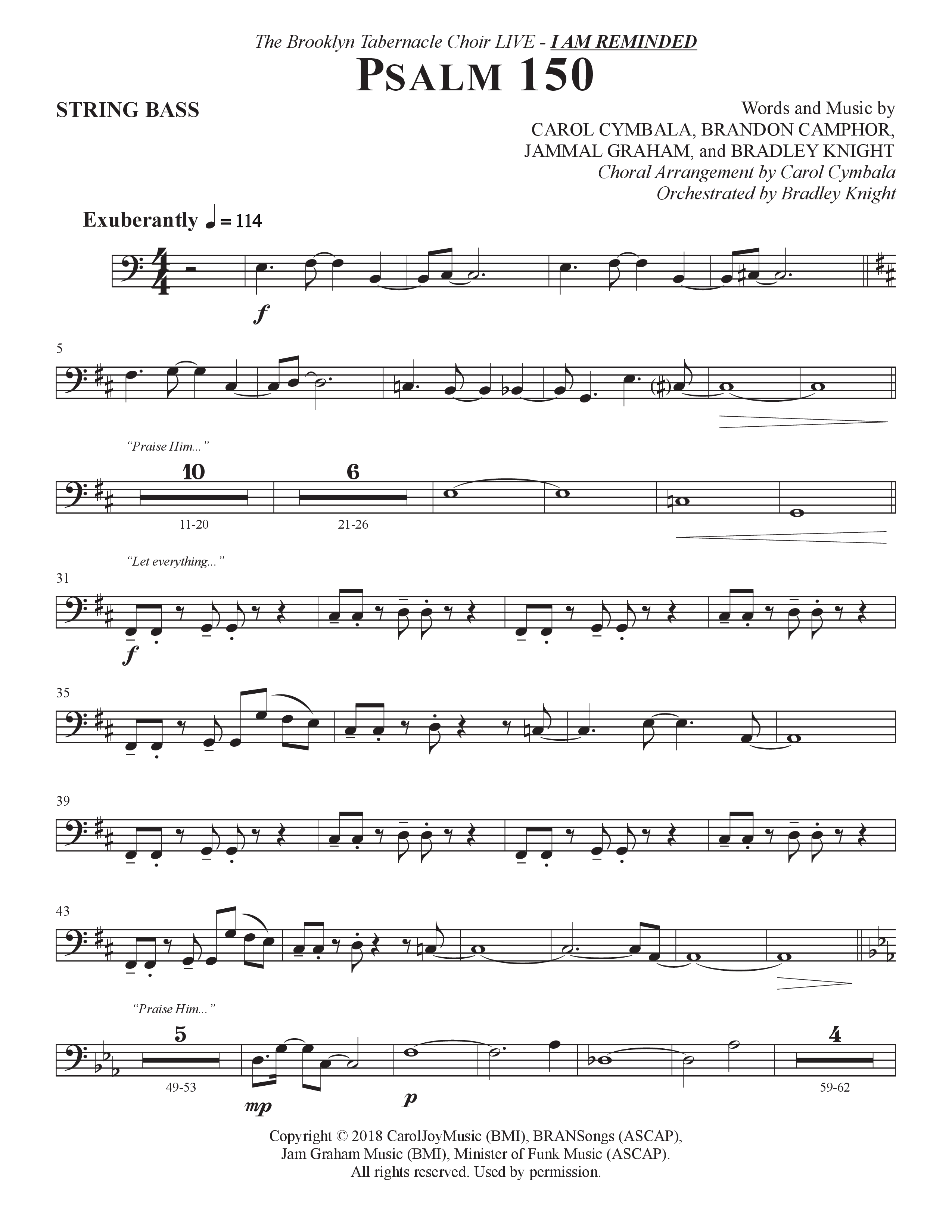 Psalm 150 (Choral Anthem SATB) String Bass (The Brooklyn Tabernacle Choir / Brandon Camphor / Arr. Carol Cymbala / Orch. Bradley Knight)