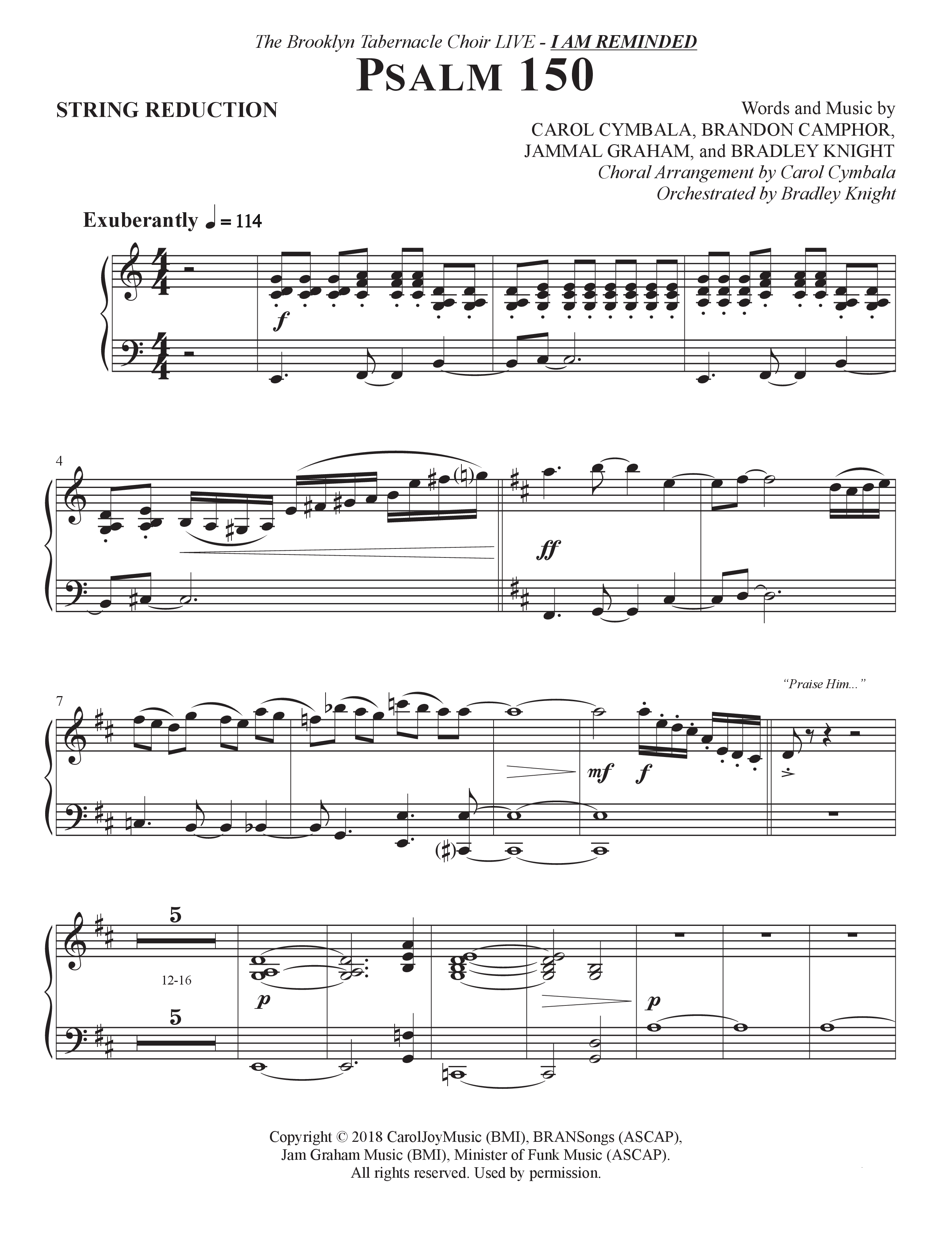 Psalm 150 (Choral Anthem SATB) String Reduction (The Brooklyn Tabernacle Choir / Brandon Camphor / Arr. Carol Cymbala / Orch. Bradley Knight)
