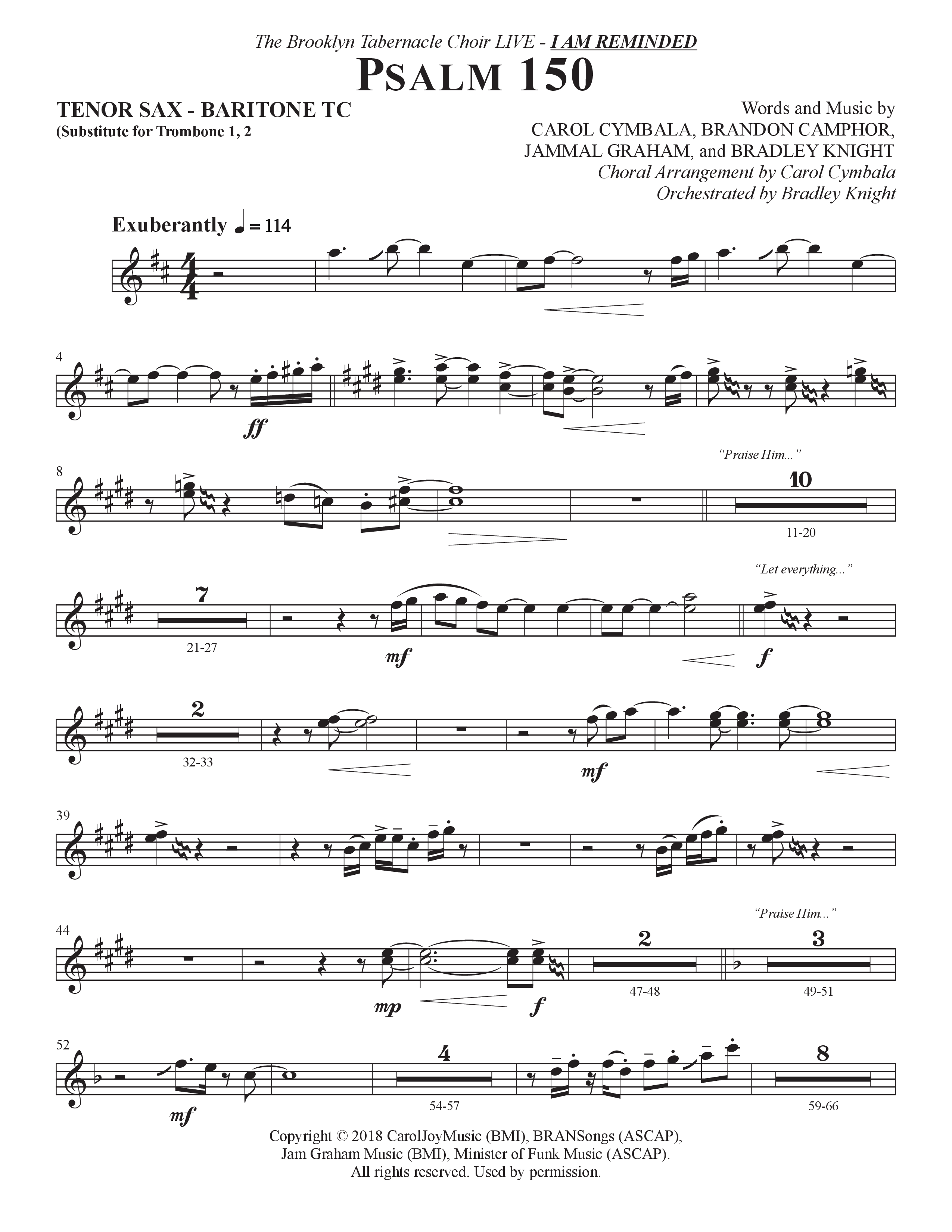 Psalm 150 (Choral Anthem SATB) Tenor Sax/Baritone T.C. (The Brooklyn Tabernacle Choir / Brandon Camphor / Arr. Carol Cymbala / Orch. Bradley Knight)