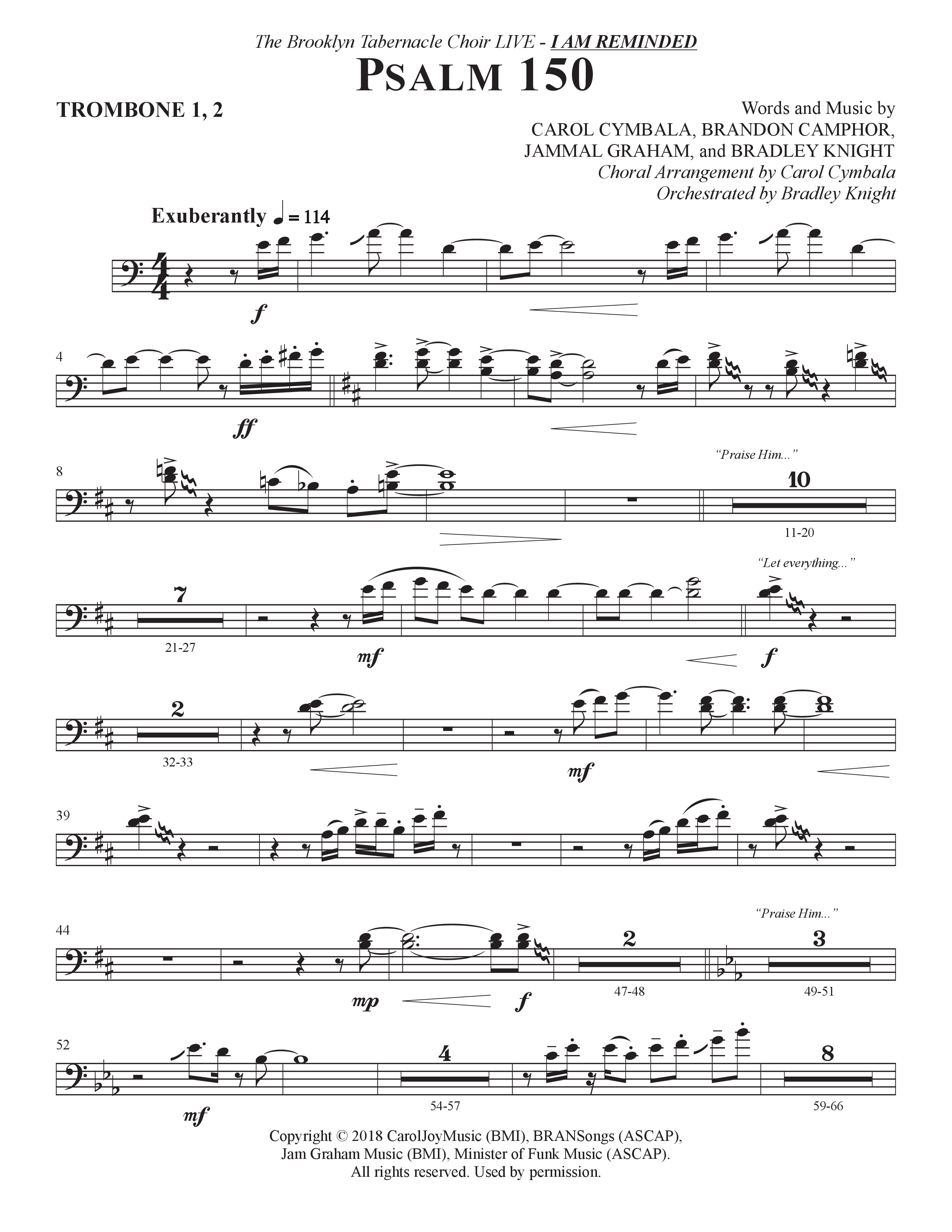 Psalm 150 (Choral Anthem SATB) Trombone 1/2 (The Brooklyn Tabernacle Choir / Brandon Camphor / Arr. Carol Cymbala / Orch. Bradley Knight)