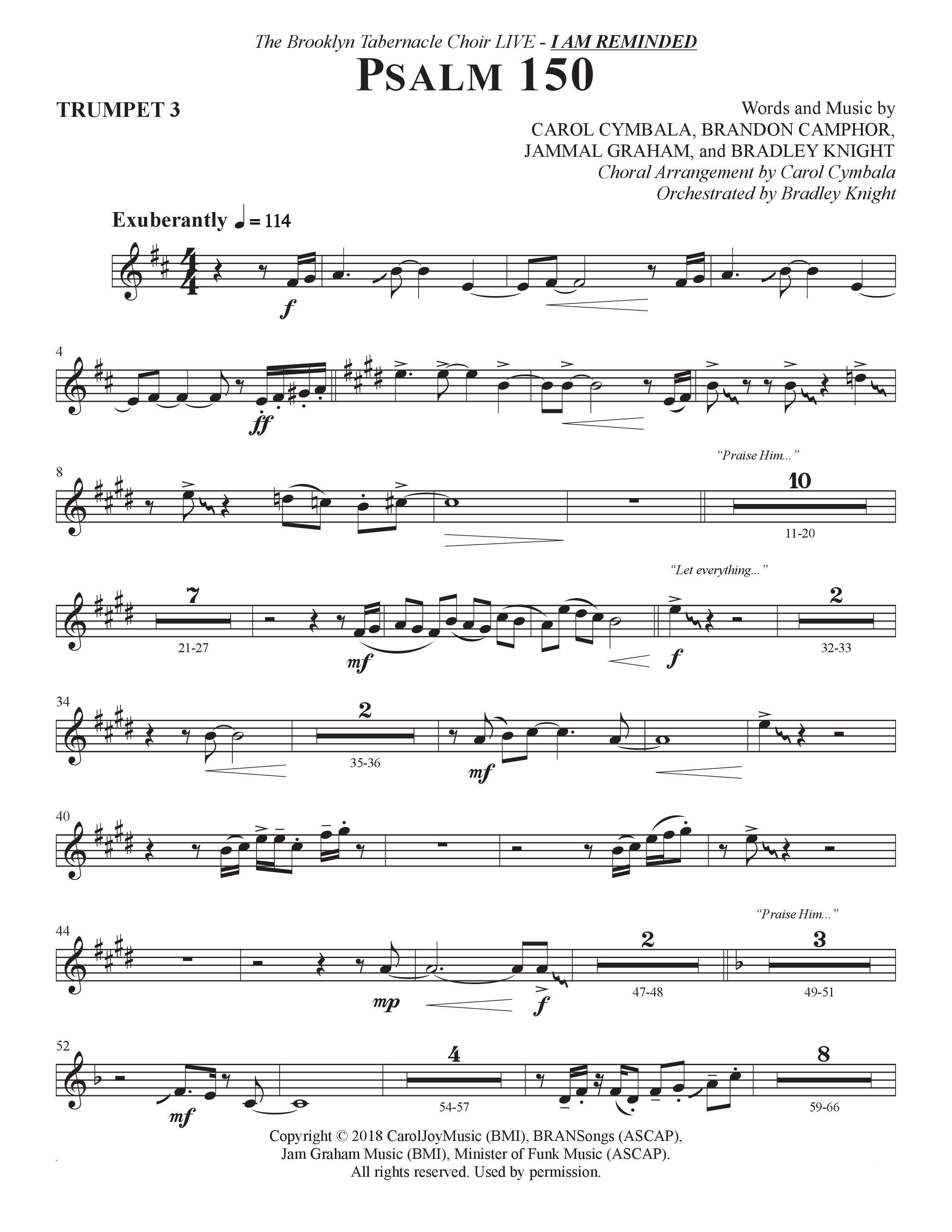 Psalm 150 (Choral Anthem SATB) Trumpet 3 (The Brooklyn Tabernacle Choir / Brandon Camphor / Arr. Carol Cymbala / Orch. Bradley Knight)