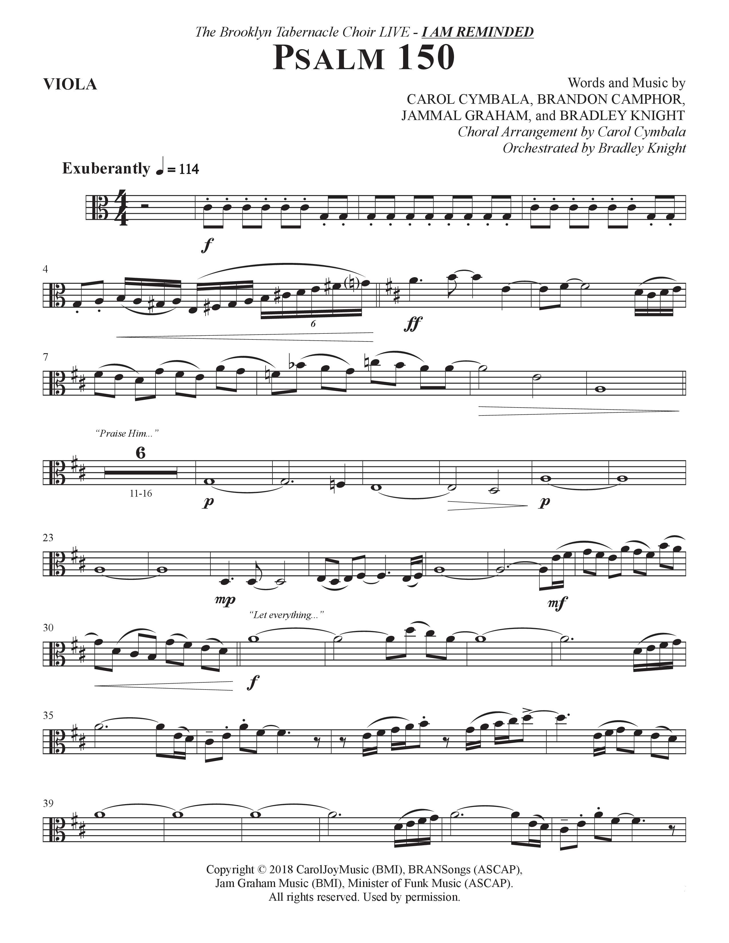 Psalm 150 (Choral Anthem SATB) Viola (The Brooklyn Tabernacle Choir / Brandon Camphor / Arr. Carol Cymbala / Orch. Bradley Knight)