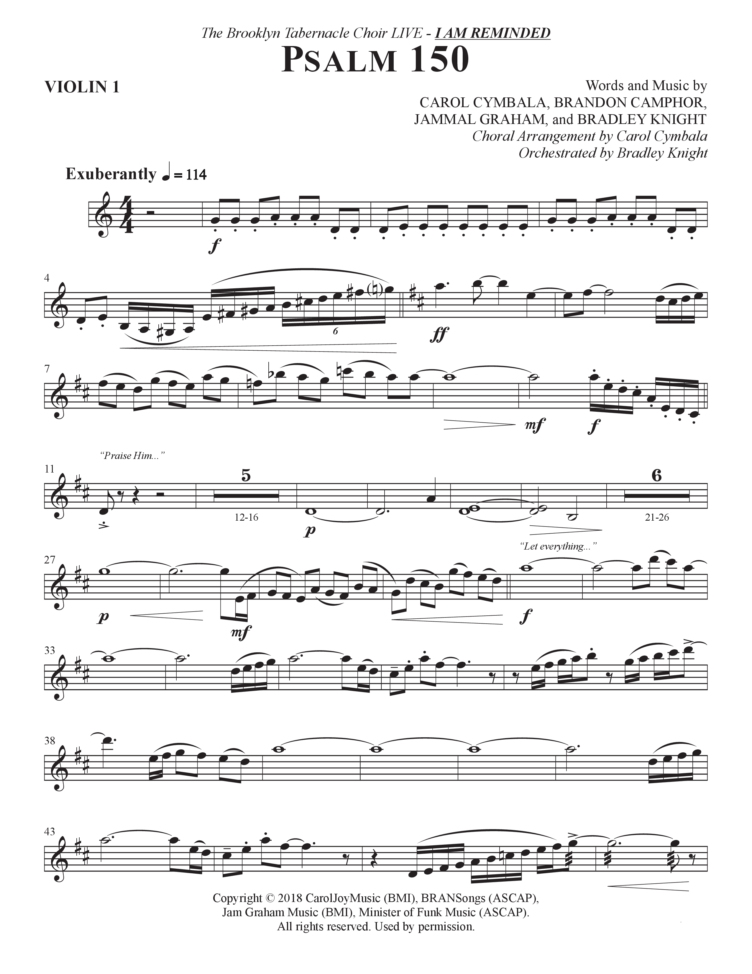 Psalm 150 (Choral Anthem SATB) Violin 1 (The Brooklyn Tabernacle Choir / Brandon Camphor / Arr. Carol Cymbala / Orch. Bradley Knight)