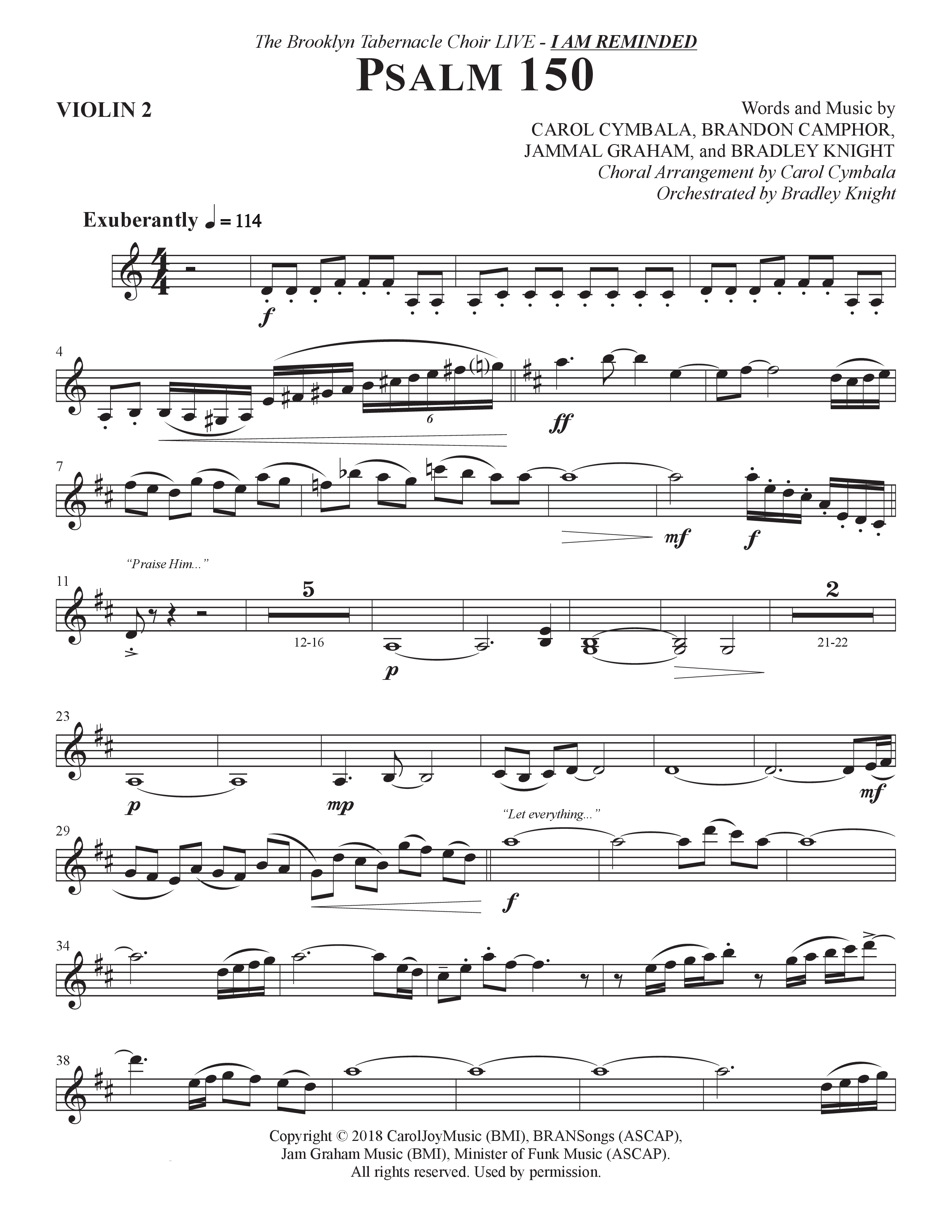 Psalm 150 (Choral Anthem SATB) Violin 2 (The Brooklyn Tabernacle Choir / Brandon Camphor / Arr. Carol Cymbala / Orch. Bradley Knight)