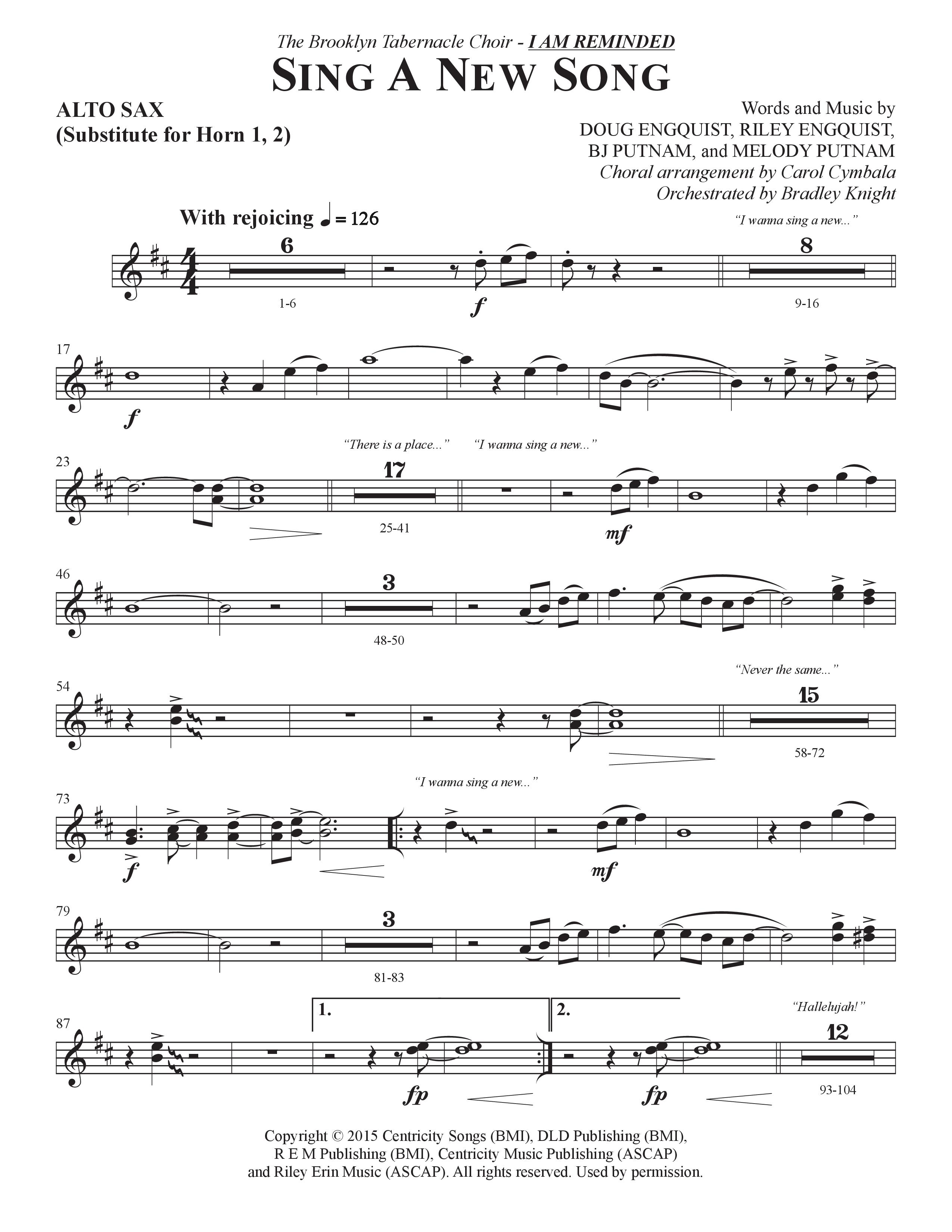 Sing A New Song (Choral Anthem SATB) Alto Sax (The Brooklyn Tabernacle Choir / Arr. Carol Cymbala / Orch. Bradley Knight)