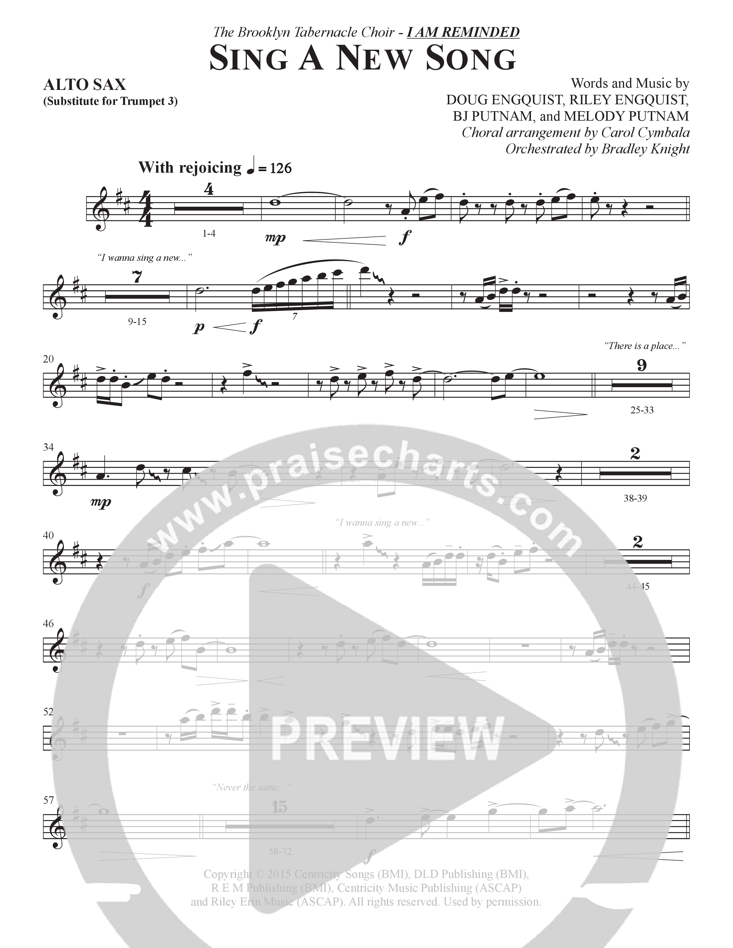 Sing A New Song (Choral Anthem SATB) Alto Sax (The Brooklyn Tabernacle Choir / Arr. Carol Cymbala / Orch. Bradley Knight)