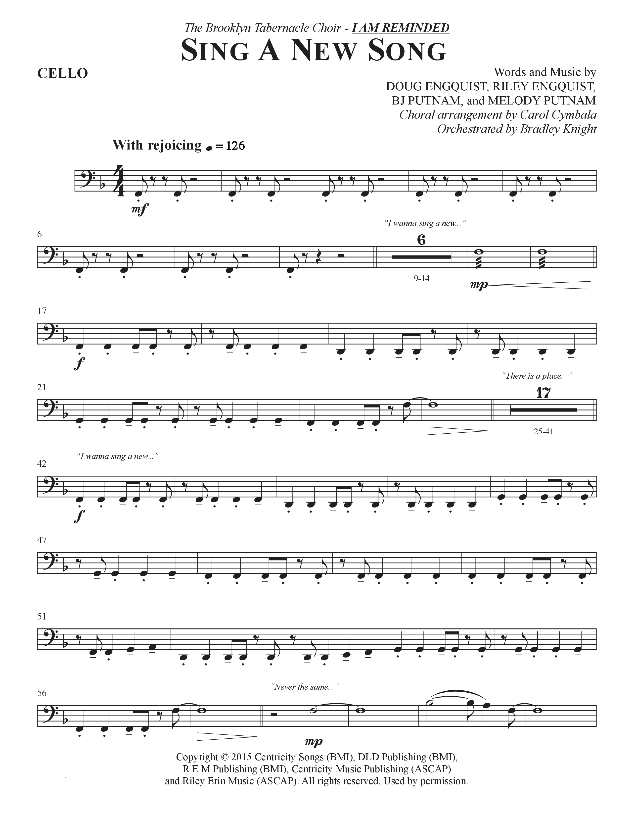 Sing A New Song (Choral Anthem SATB) Cello (The Brooklyn Tabernacle Choir / Arr. Carol Cymbala / Orch. Bradley Knight)