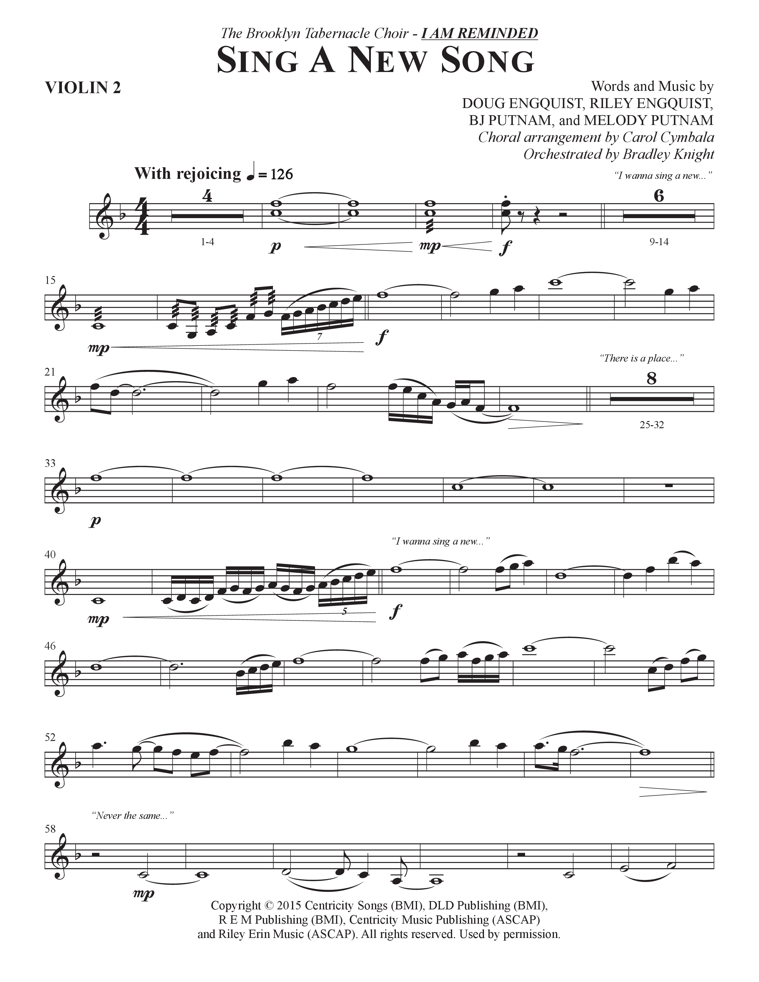 Sing A New Song (Choral Anthem SATB) Violin 2 (The Brooklyn Tabernacle Choir / Arr. Carol Cymbala / Orch. Bradley Knight)