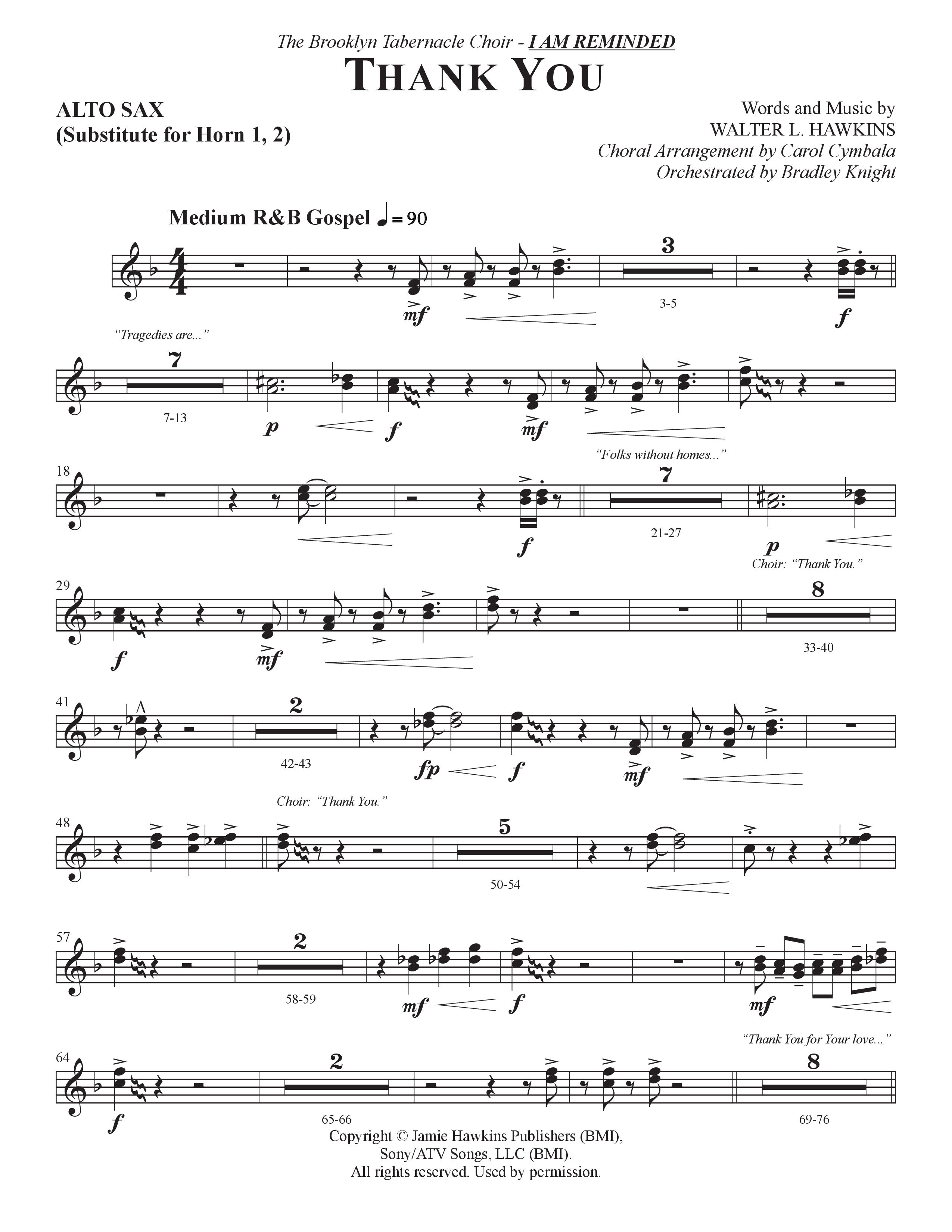 Thank You (Choral Anthem SATB) Alto Sax (The Brooklyn Tabernacle Choir / Arr. Carol Cymbala / Orch. Bradley Knight)