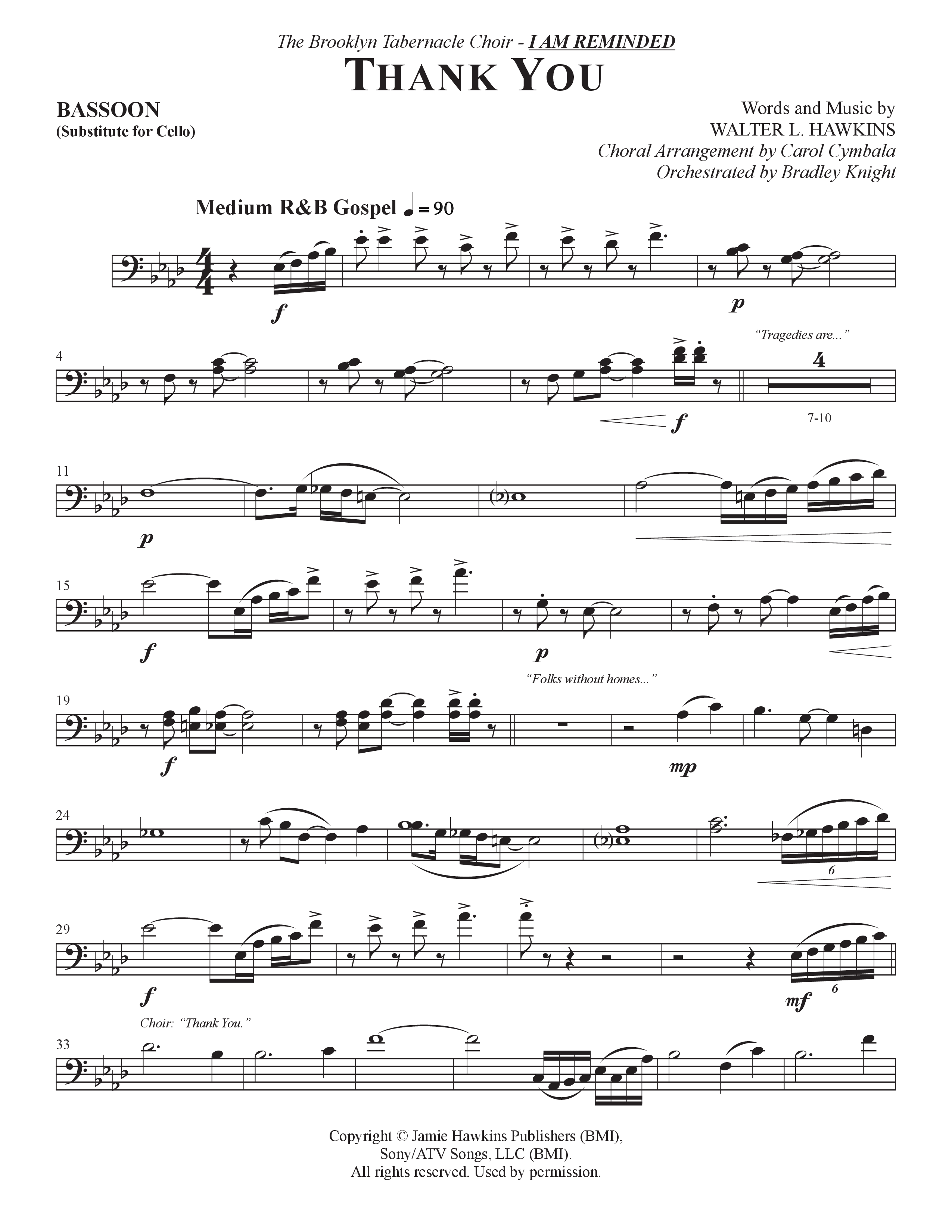 Thank You (Choral Anthem SATB) Bassoon (The Brooklyn Tabernacle Choir / Arr. Carol Cymbala / Orch. Bradley Knight)
