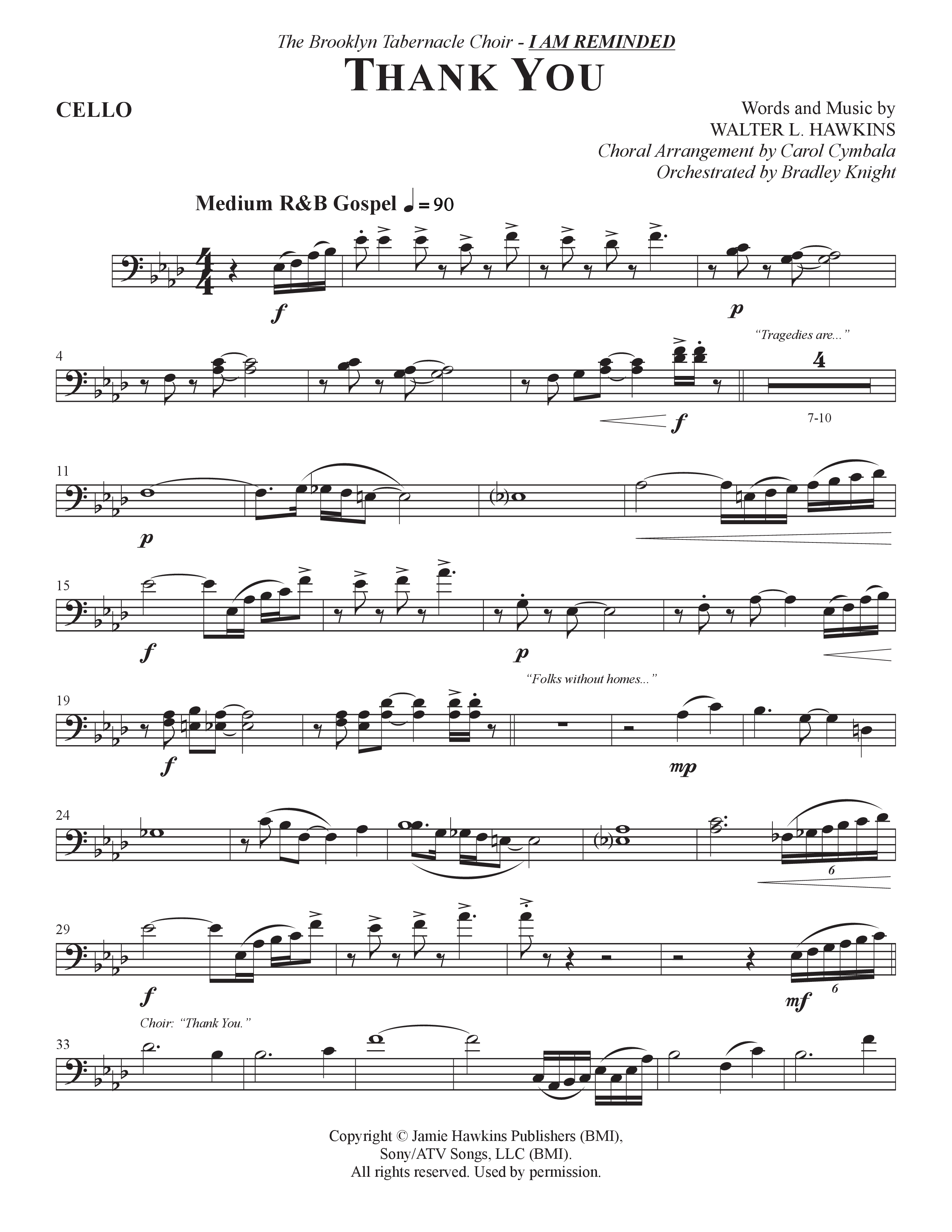 Thank You (Choral Anthem SATB) Cello (The Brooklyn Tabernacle Choir / Arr. Carol Cymbala / Orch. Bradley Knight)