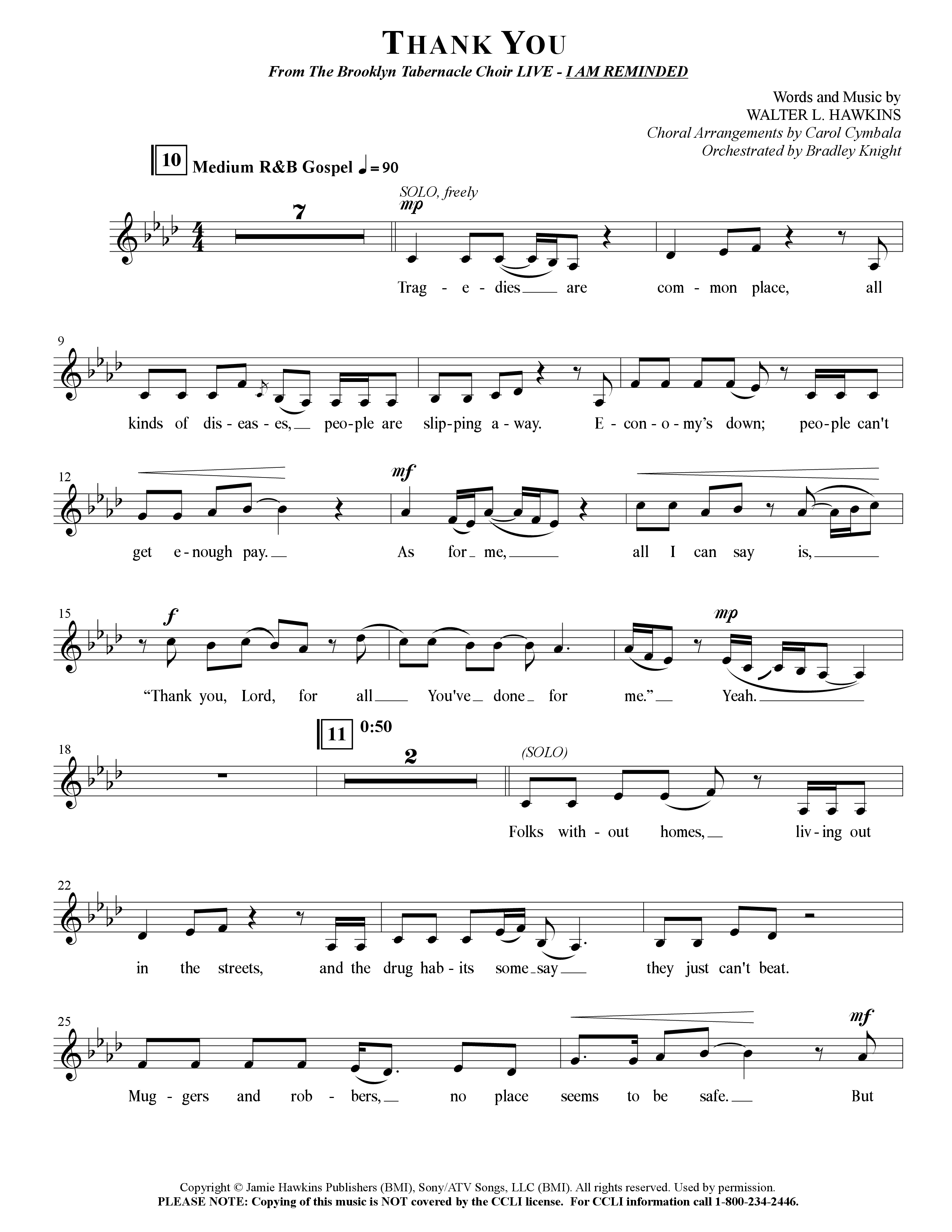 Thank You (Choral Anthem SATB) Choir Sheet (SATB) (The Brooklyn Tabernacle Choir / Arr. Carol Cymbala / Orch. Bradley Knight)