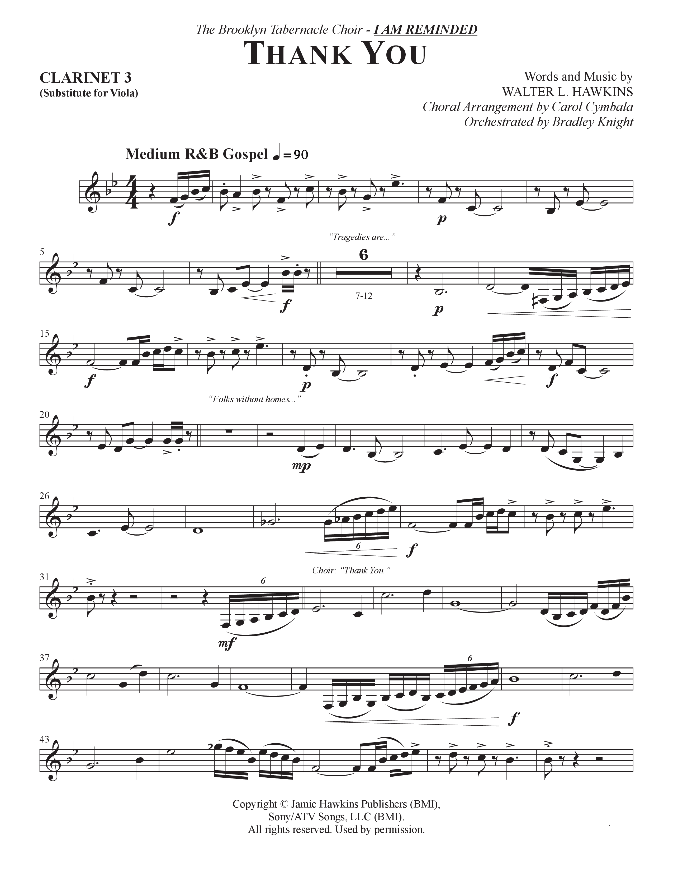 Thank You (Choral Anthem SATB) Clarinet 3 (The Brooklyn Tabernacle Choir / Arr. Carol Cymbala / Orch. Bradley Knight)