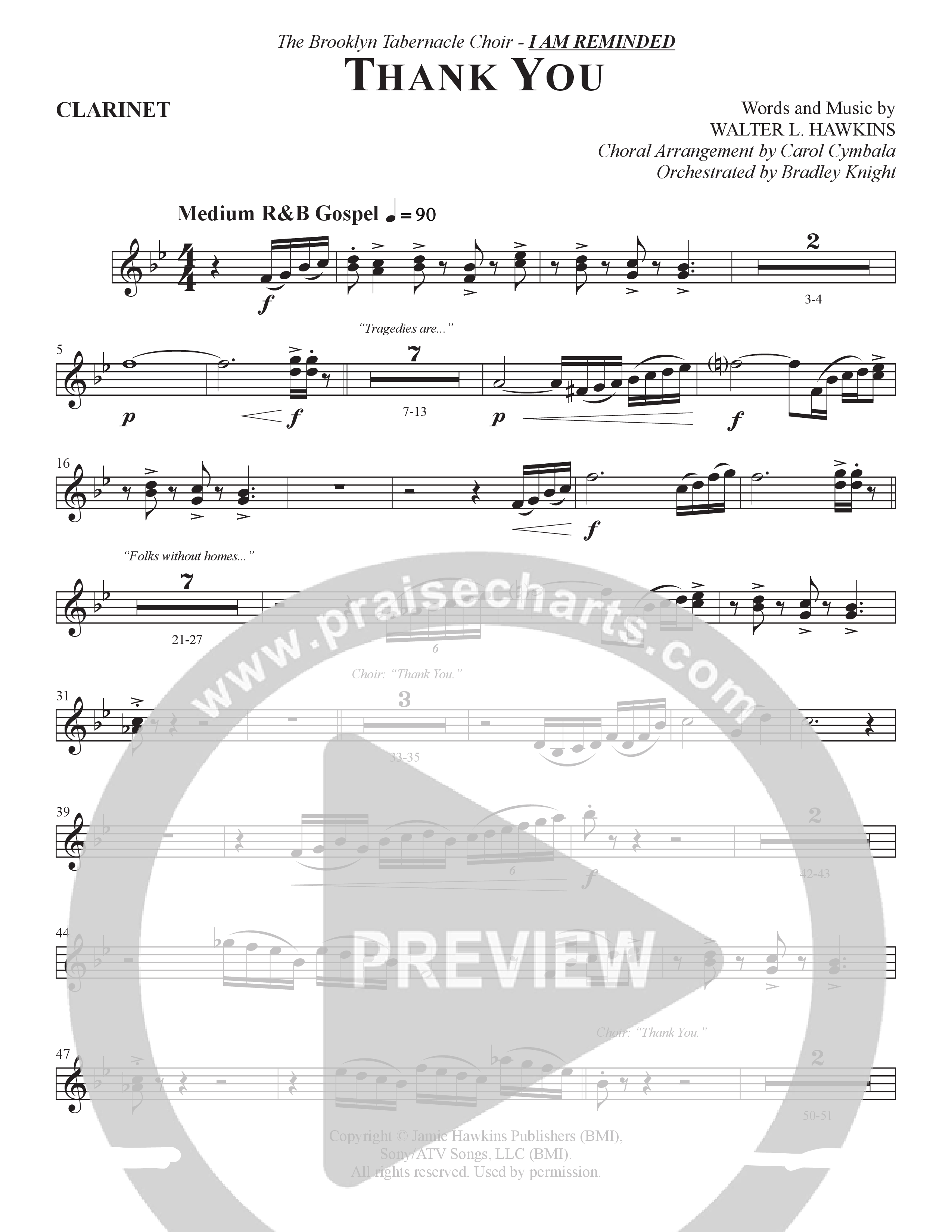 Thank You (Choral Anthem SATB) Clarinet (The Brooklyn Tabernacle Choir / Arr. Carol Cymbala / Orch. Bradley Knight)