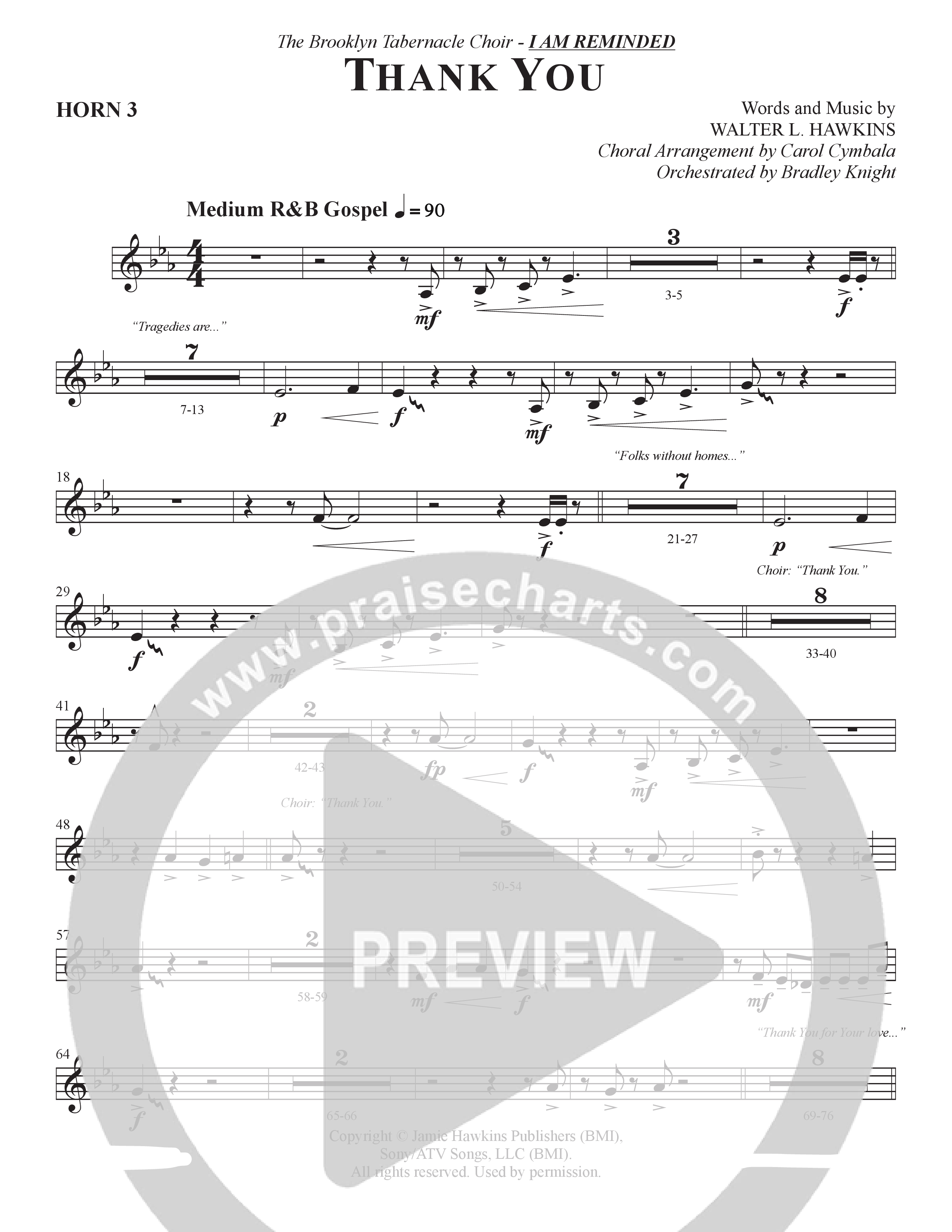 Thank You (Choral Anthem SATB) French Horn 3 (The Brooklyn Tabernacle Choir / Arr. Carol Cymbala / Orch. Bradley Knight)