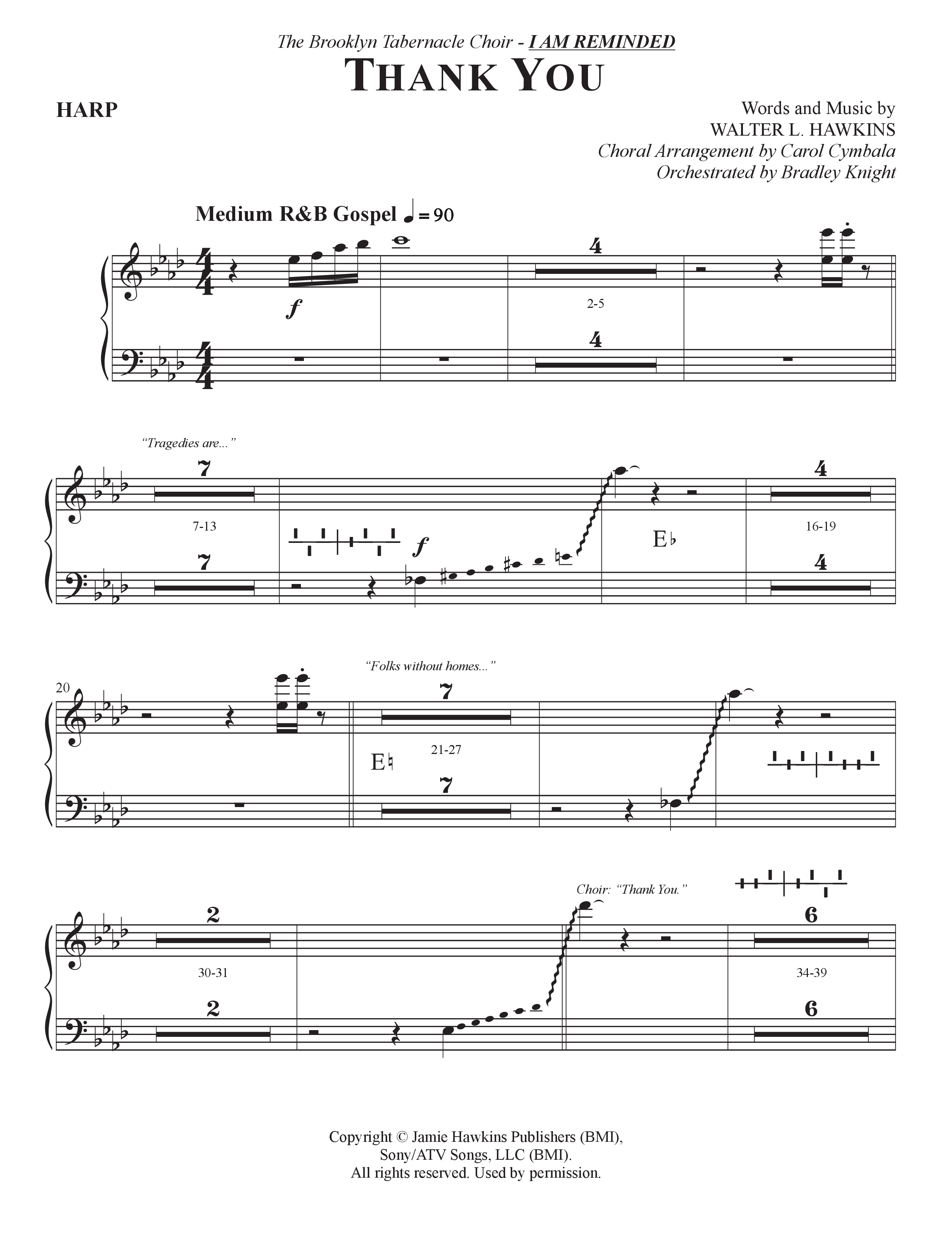Thank You (Choral Anthem SATB) Harp (The Brooklyn Tabernacle Choir / Arr. Carol Cymbala / Orch. Bradley Knight)