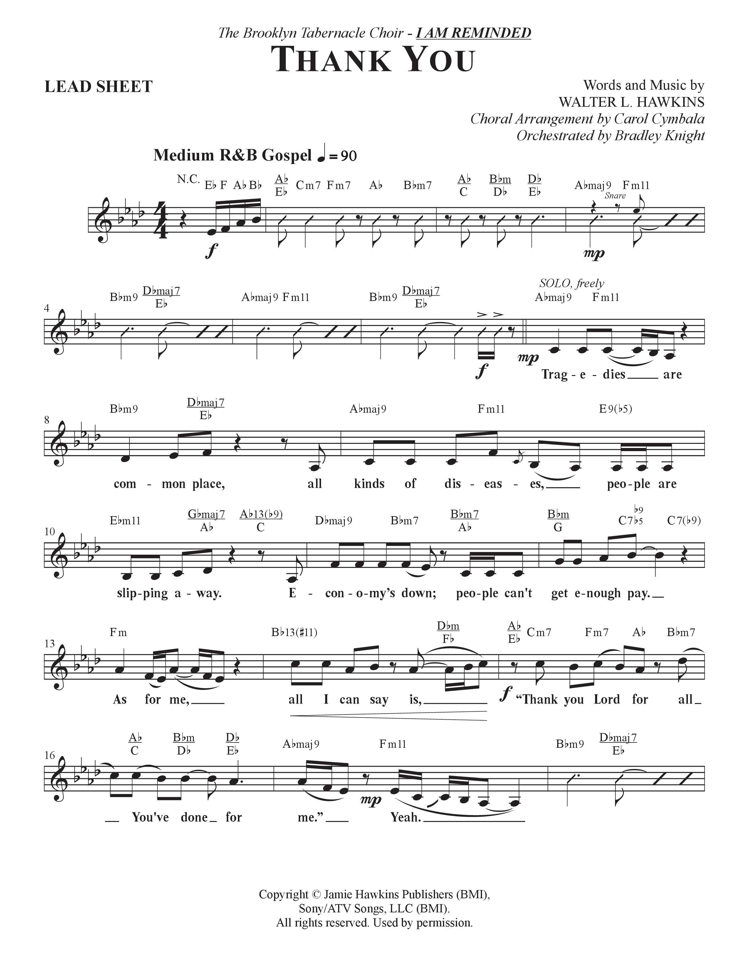 Thank You (Choral Anthem SATB) Lead Sheet (Melody) (The Brooklyn Tabernacle Choir / Arr. Carol Cymbala / Orch. Bradley Knight)