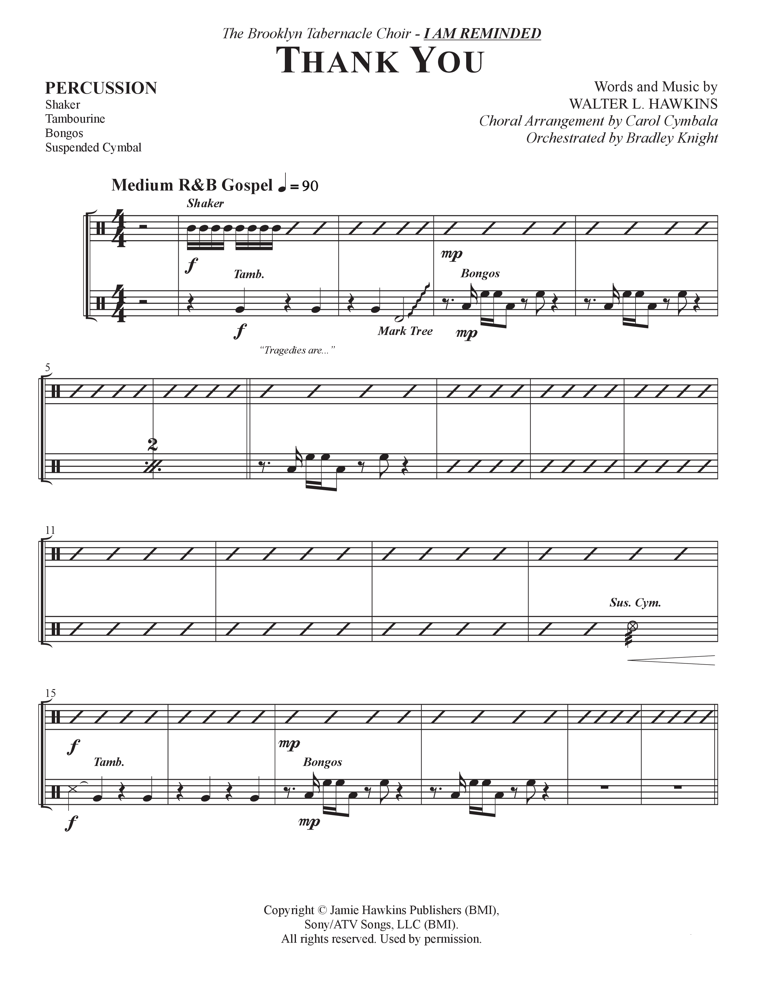 Thank You (Choral Anthem SATB) Percussion (The Brooklyn Tabernacle Choir / Arr. Carol Cymbala / Orch. Bradley Knight)