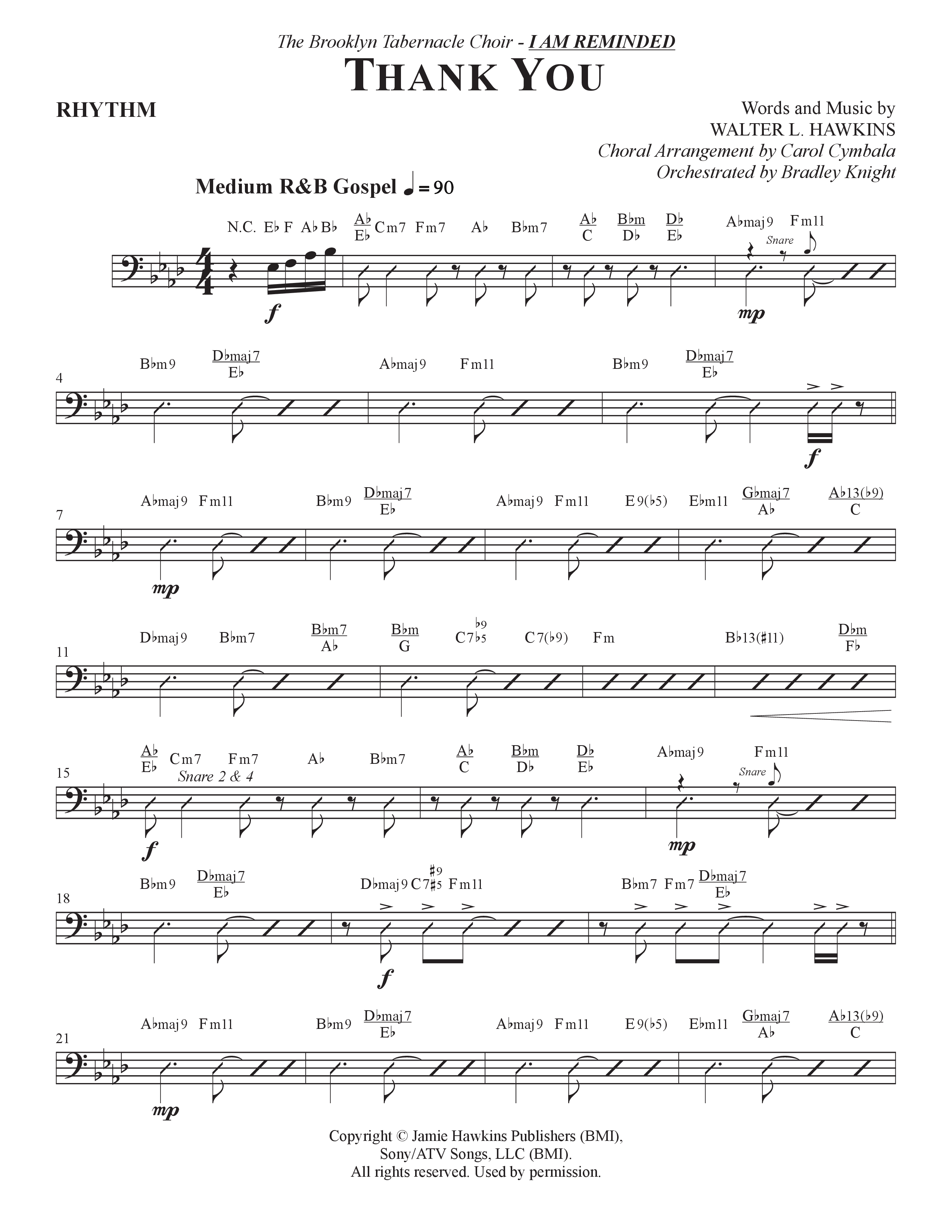 Thank You (Choral Anthem SATB) Rhythm Chart (The Brooklyn Tabernacle Choir / Arr. Carol Cymbala / Orch. Bradley Knight)