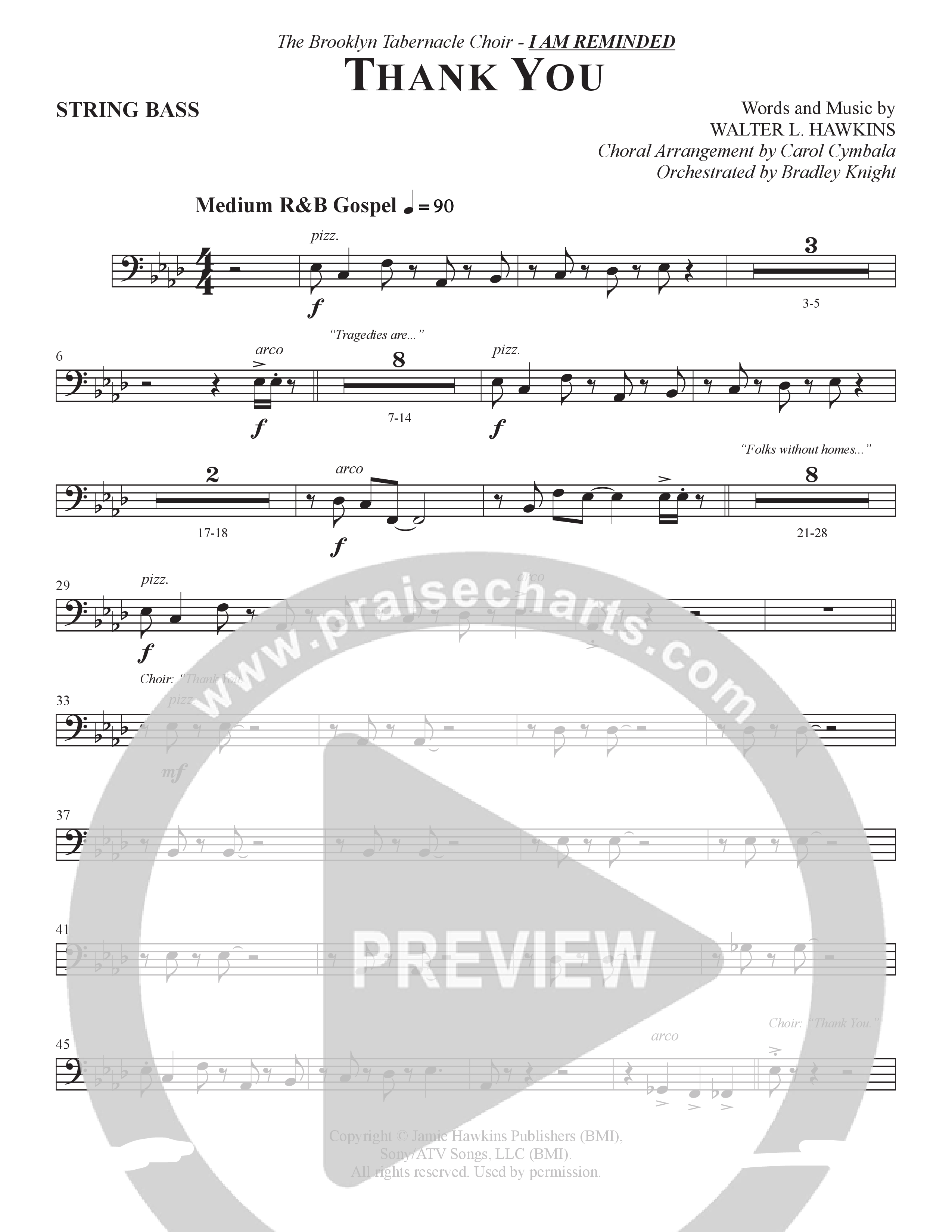 Thank You (Choral Anthem SATB) String Bass (The Brooklyn Tabernacle Choir / Arr. Carol Cymbala / Orch. Bradley Knight)