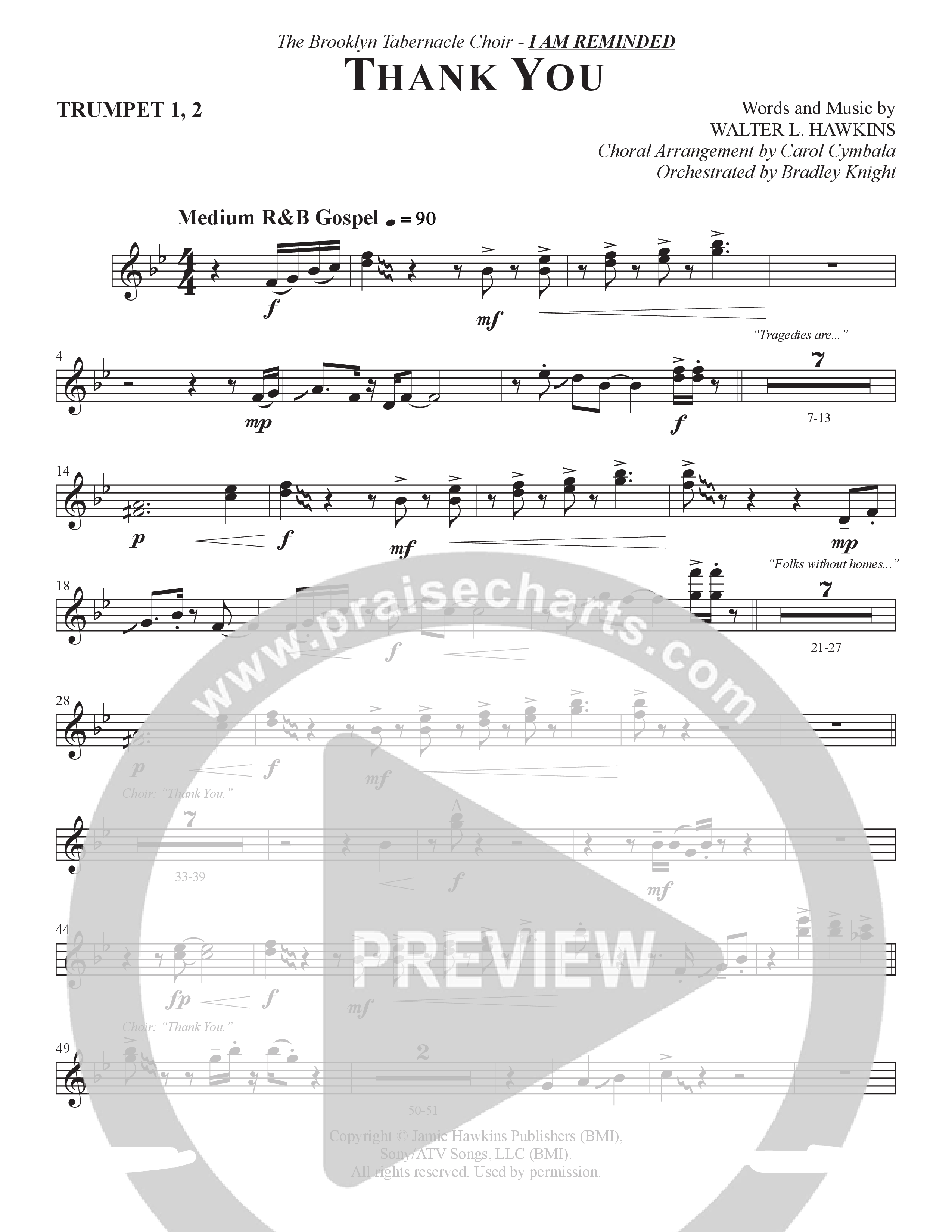 Thank You (Choral Anthem SATB) Trumpet 1,2 (The Brooklyn Tabernacle Choir / Arr. Carol Cymbala / Orch. Bradley Knight)