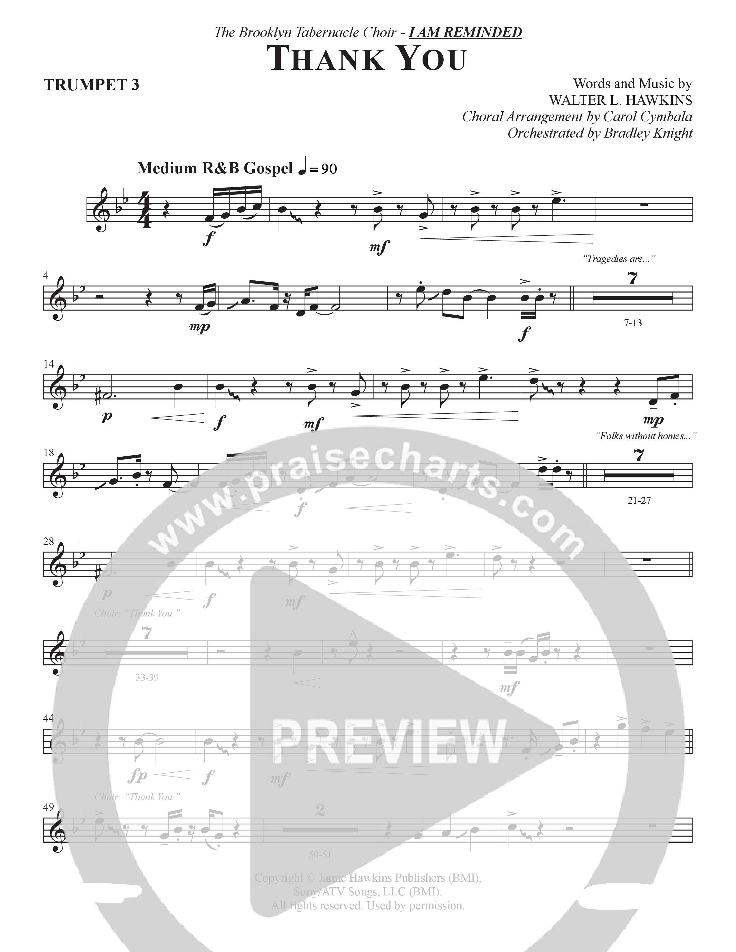 Thank You (Choral Anthem SATB) Trumpet 3 (The Brooklyn Tabernacle Choir / Arr. Carol Cymbala / Orch. Bradley Knight)