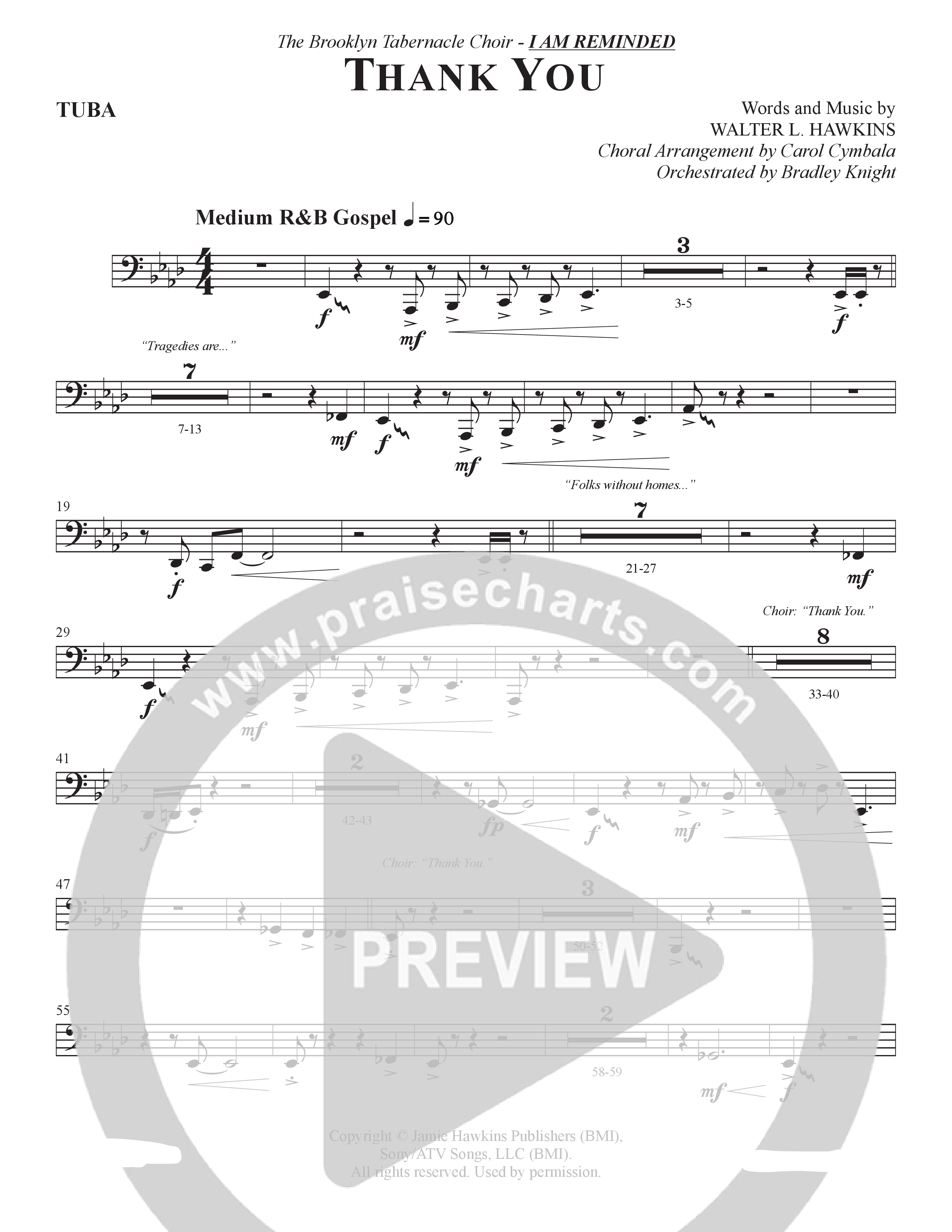Thank You (Choral Anthem SATB) Tuba (The Brooklyn Tabernacle Choir / Arr. Carol Cymbala / Orch. Bradley Knight)