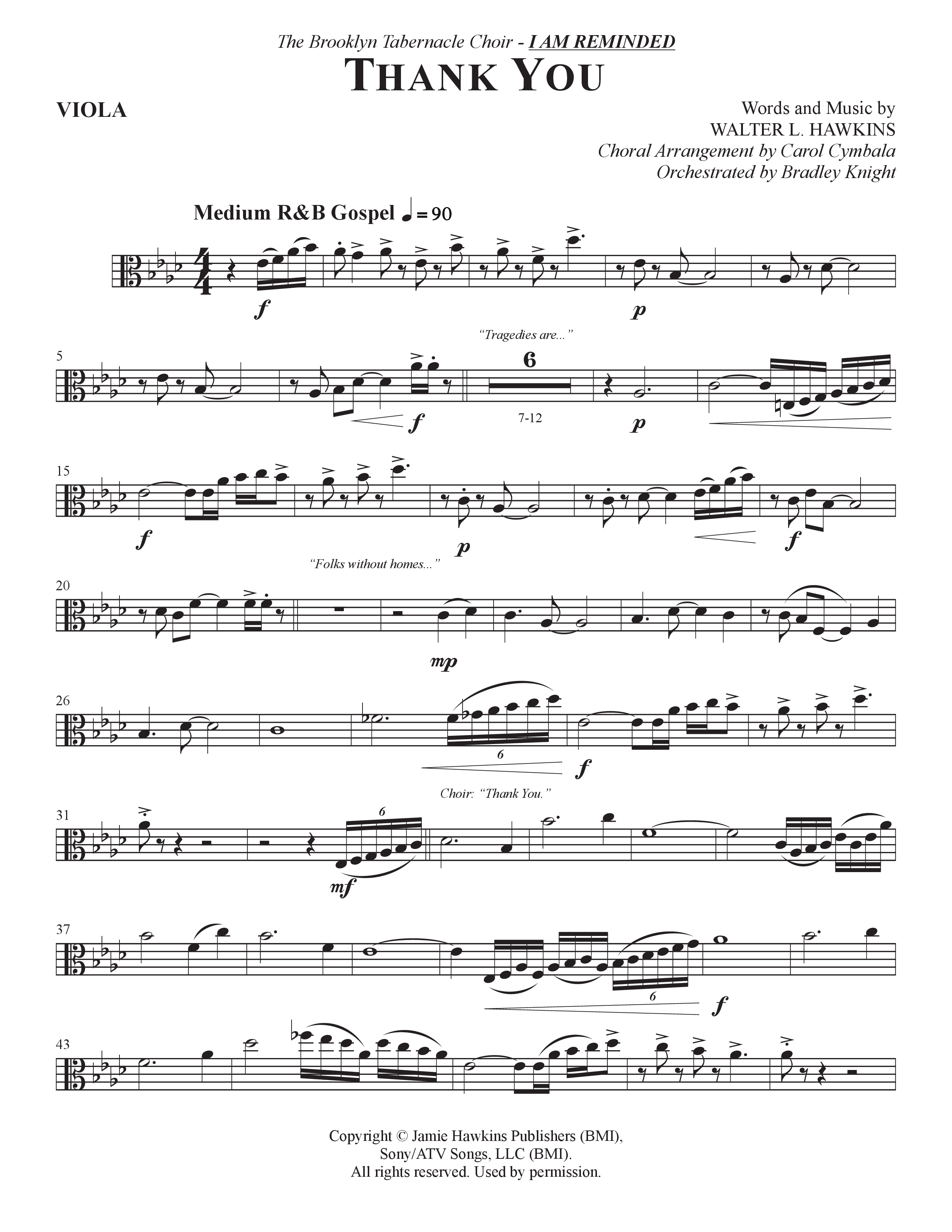 Thank You (Choral Anthem SATB) Viola (The Brooklyn Tabernacle Choir / Arr. Carol Cymbala / Orch. Bradley Knight)