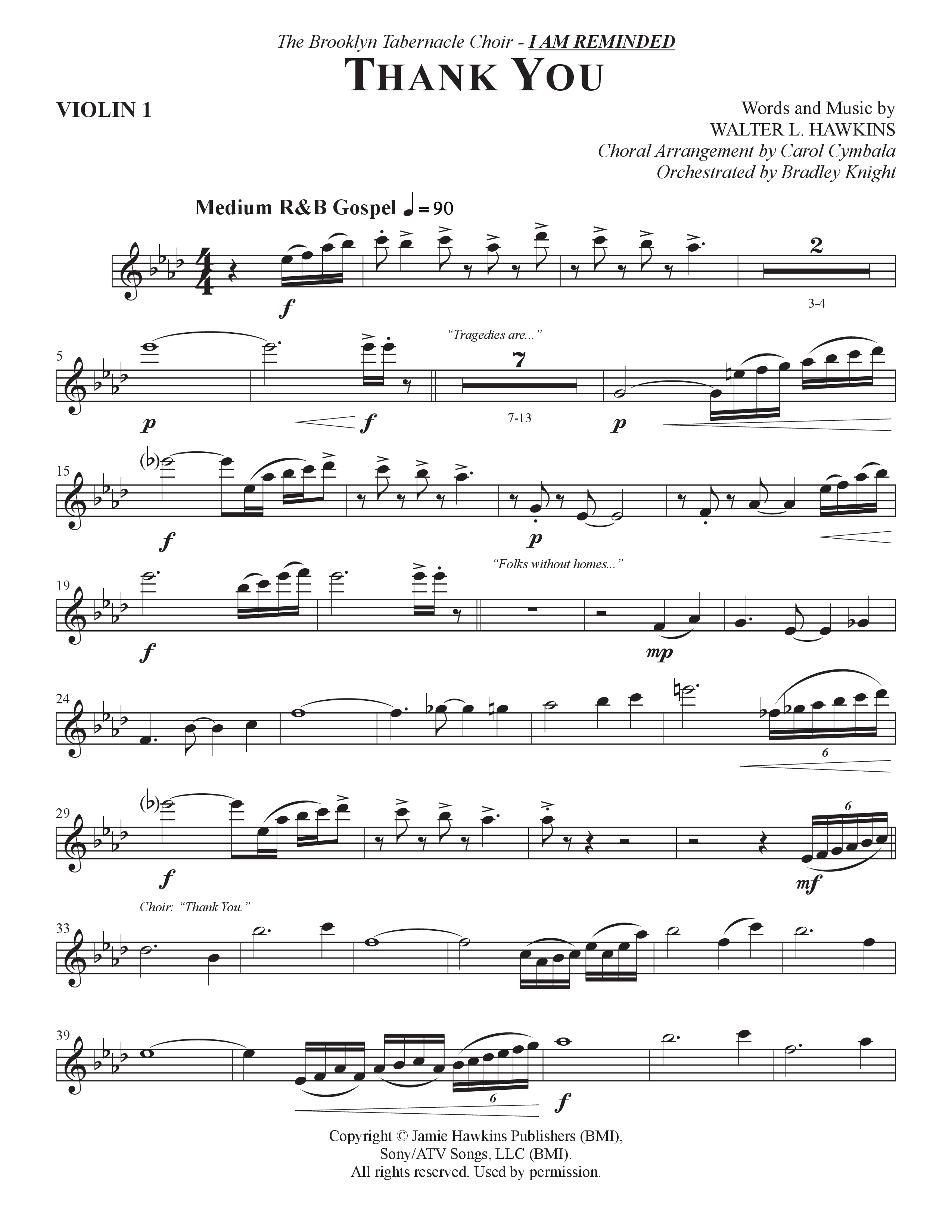 Thank You (Choral Anthem SATB) Violin 1 (The Brooklyn Tabernacle Choir / Arr. Carol Cymbala / Orch. Bradley Knight)