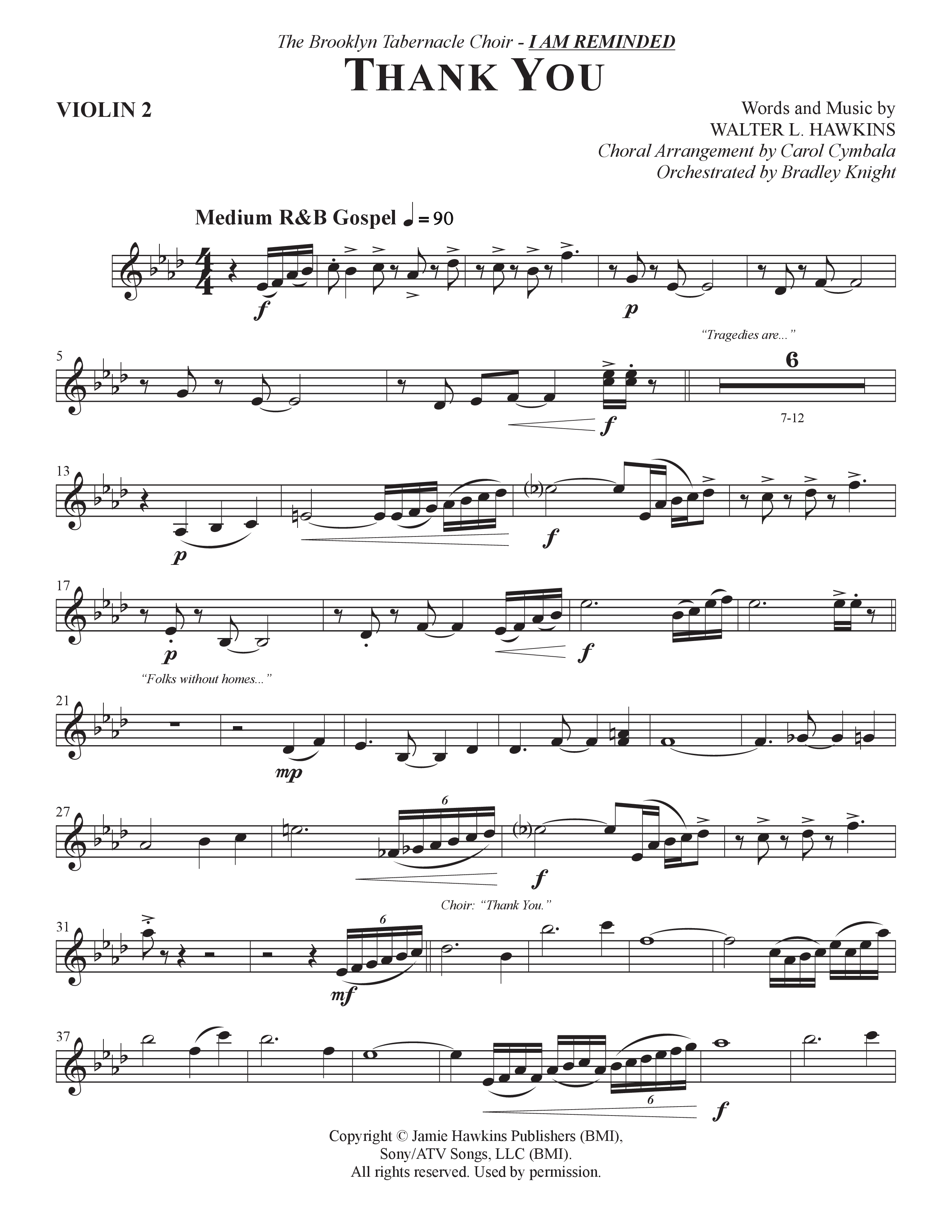 Thank You (Choral Anthem SATB) Violin 2 (The Brooklyn Tabernacle Choir / Arr. Carol Cymbala / Orch. Bradley Knight)