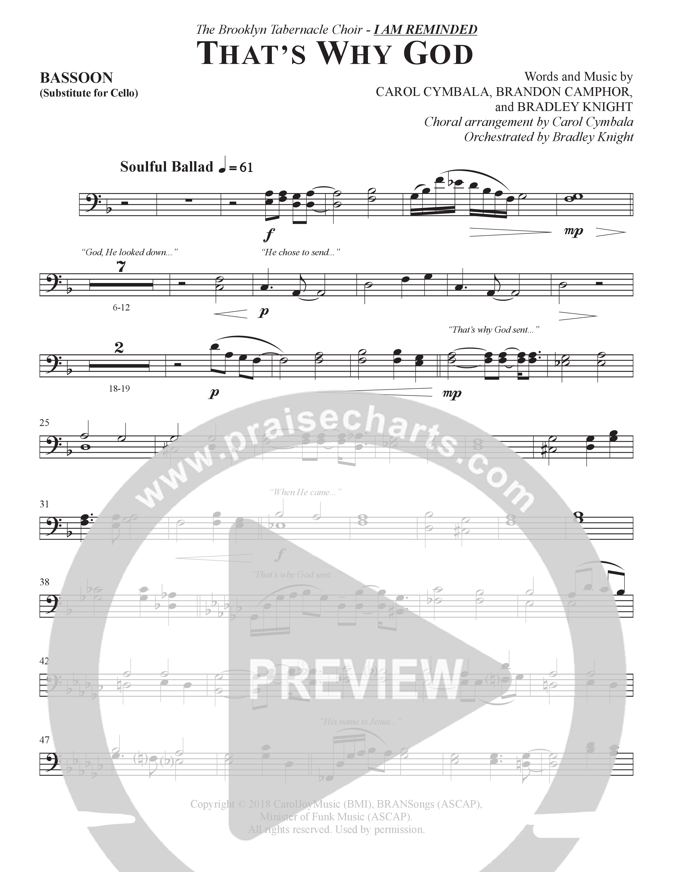 That's Why God (Choral Anthem SATB) Bassoon (The Brooklyn Tabernacle Choir / Arr. Carol Cymbala / Orch. Bradley Knight)