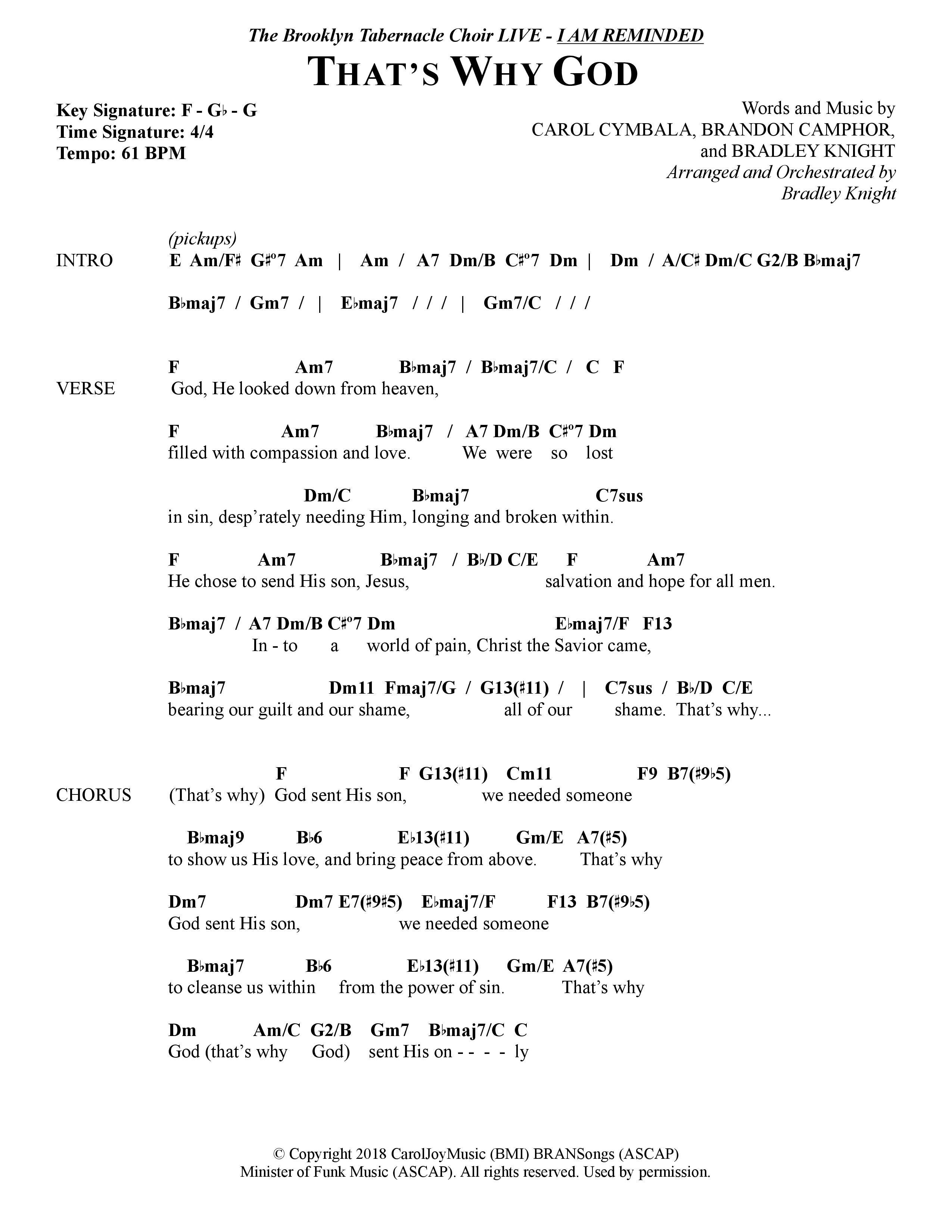 That's Why God (Choral Anthem SATB) Chord Chart (The Brooklyn Tabernacle Choir / Arr. Carol Cymbala / Orch. Bradley Knight)