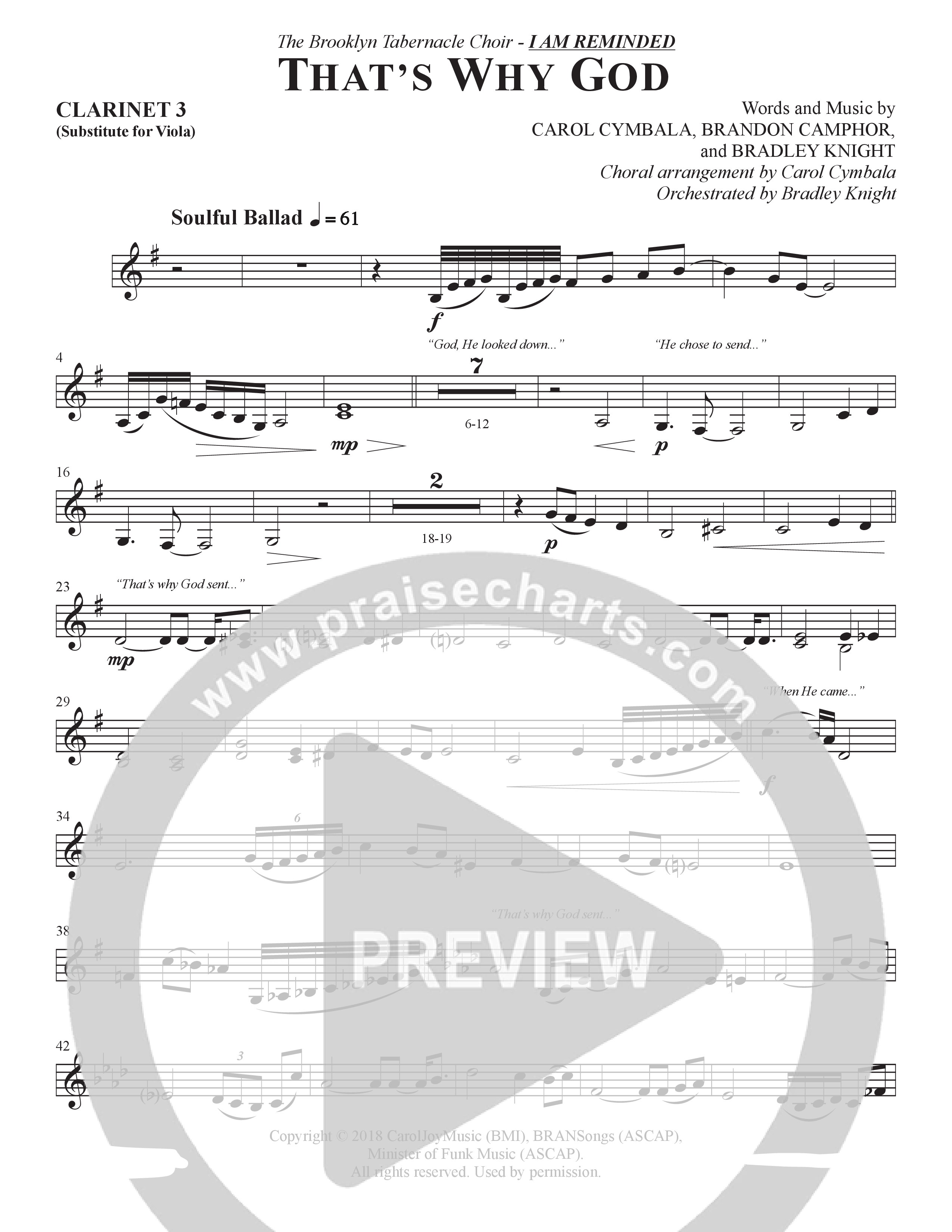 That's Why God (Choral Anthem SATB) Clarinet 3 (The Brooklyn Tabernacle Choir / Arr. Carol Cymbala / Orch. Bradley Knight)