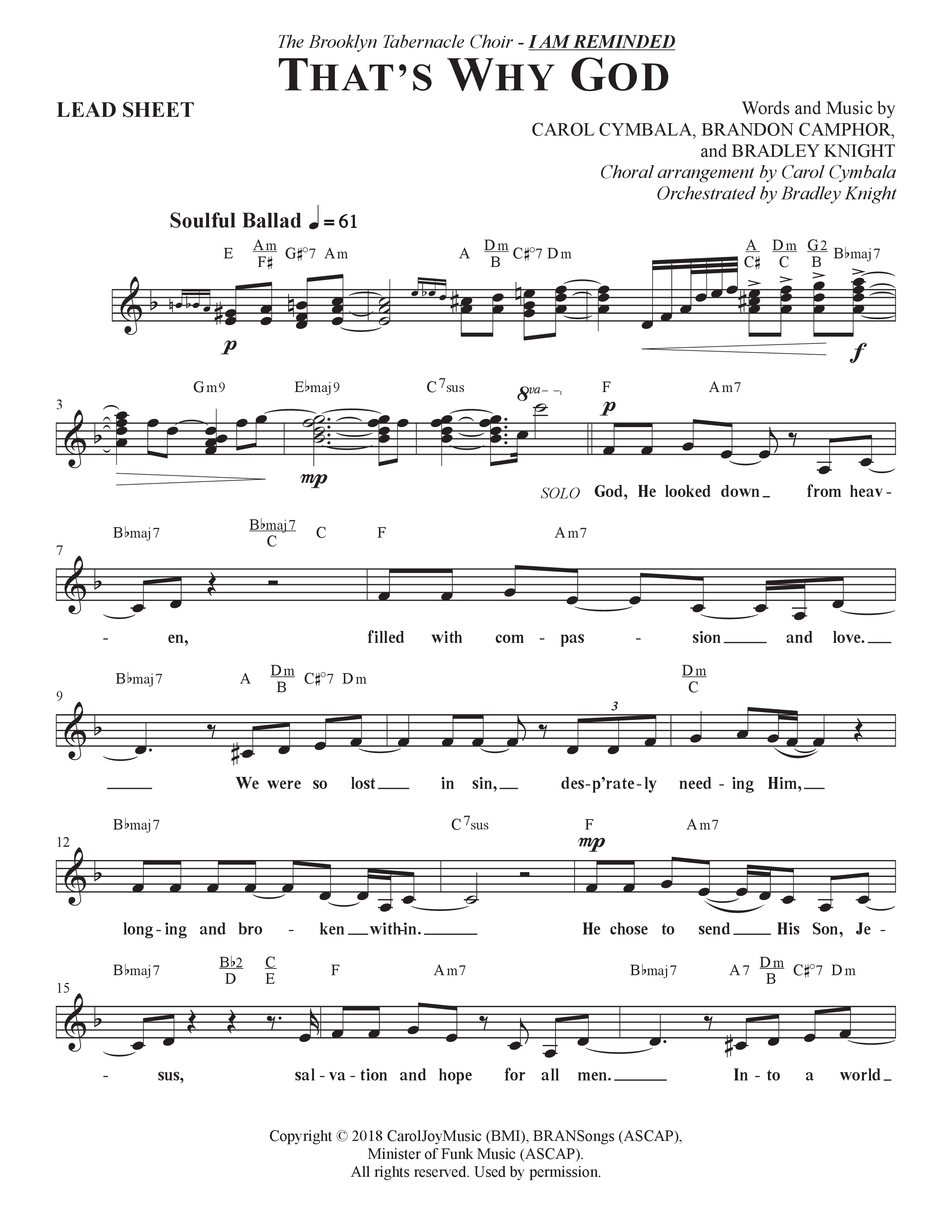 That's Why God (Choral Anthem SATB) Lead Sheet (Melody) (The Brooklyn Tabernacle Choir / Arr. Carol Cymbala / Orch. Bradley Knight)