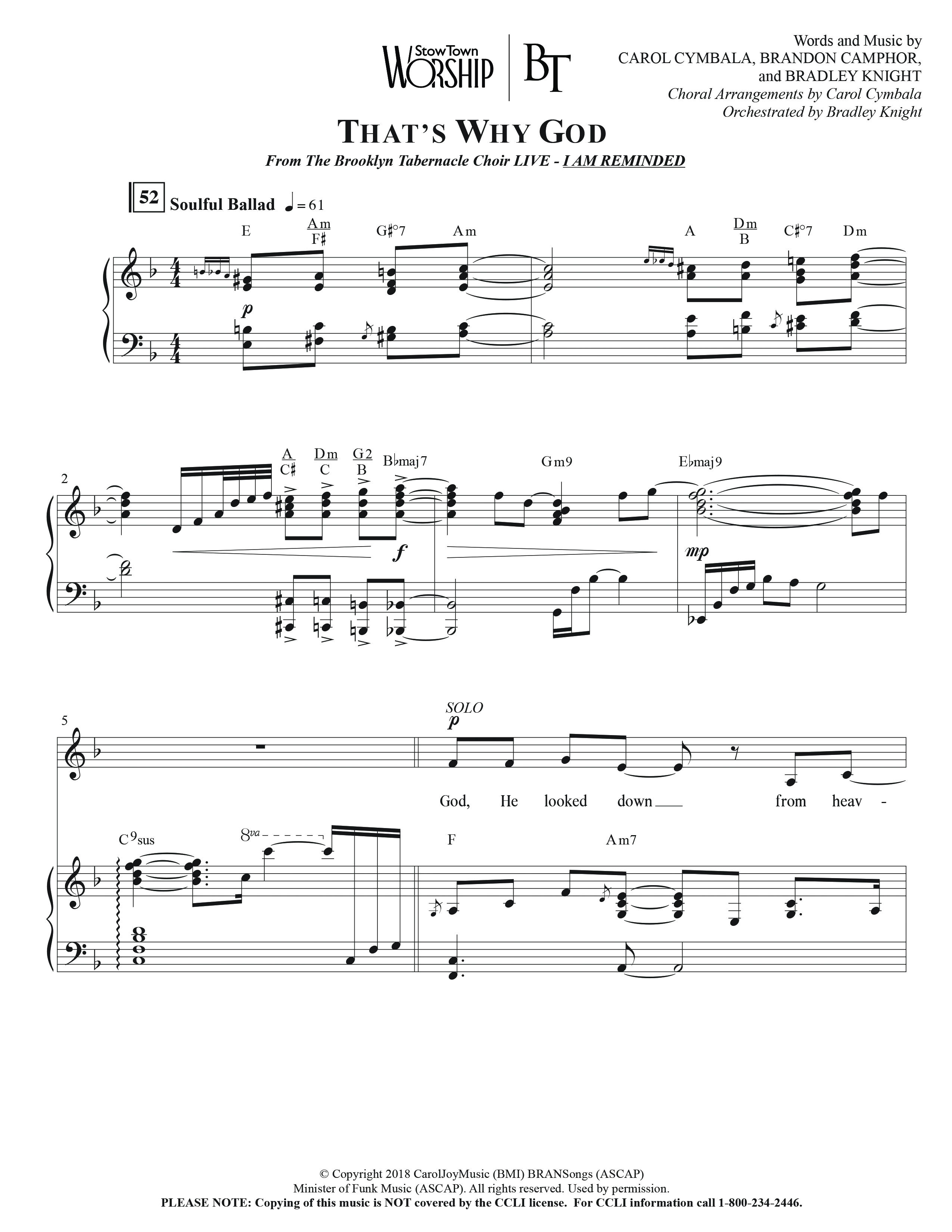 That's Why God (Choral Anthem SATB) Anthem (SATB/Piano) (The Brooklyn Tabernacle Choir / Arr. Carol Cymbala / Orch. Bradley Knight)