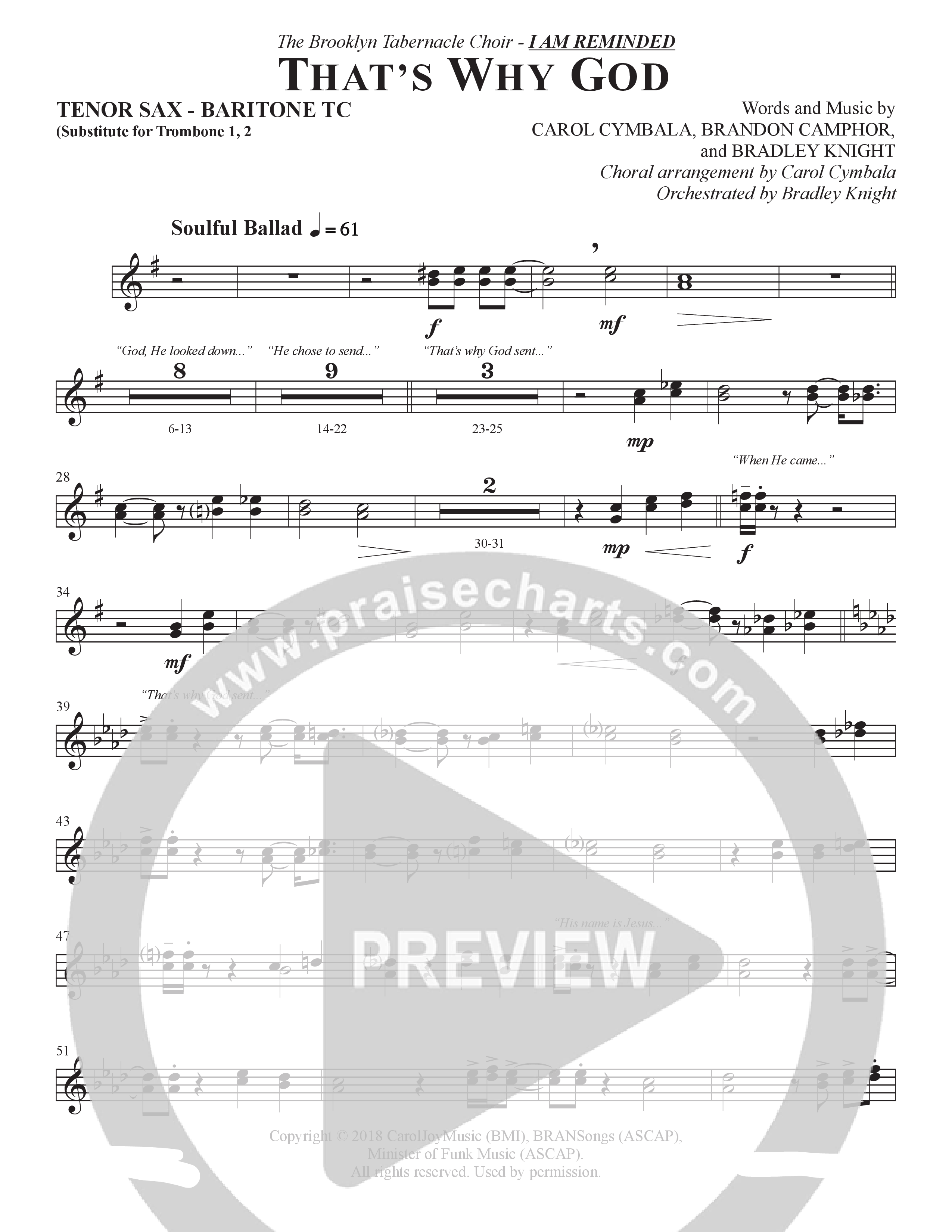 That's Why God (Choral Anthem SATB) Tenor Sax/Baritone T.C. (The Brooklyn Tabernacle Choir / Arr. Carol Cymbala / Orch. Bradley Knight)