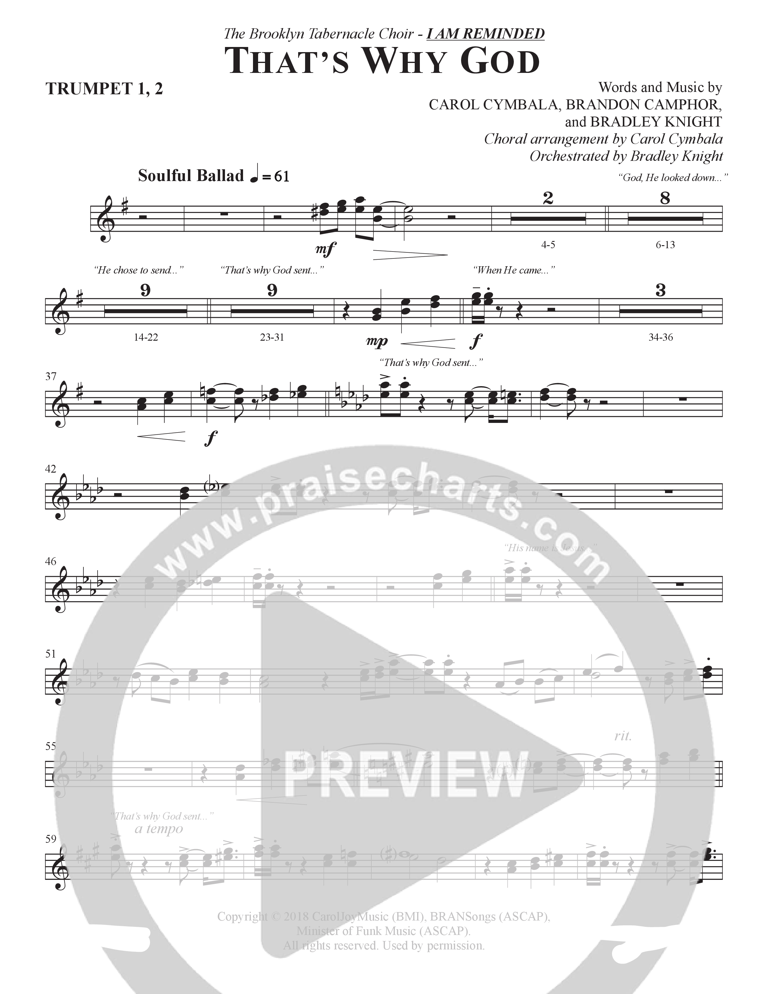That's Why God (Choral Anthem SATB) Trumpet 1,2 (The Brooklyn Tabernacle Choir / Arr. Carol Cymbala / Orch. Bradley Knight)