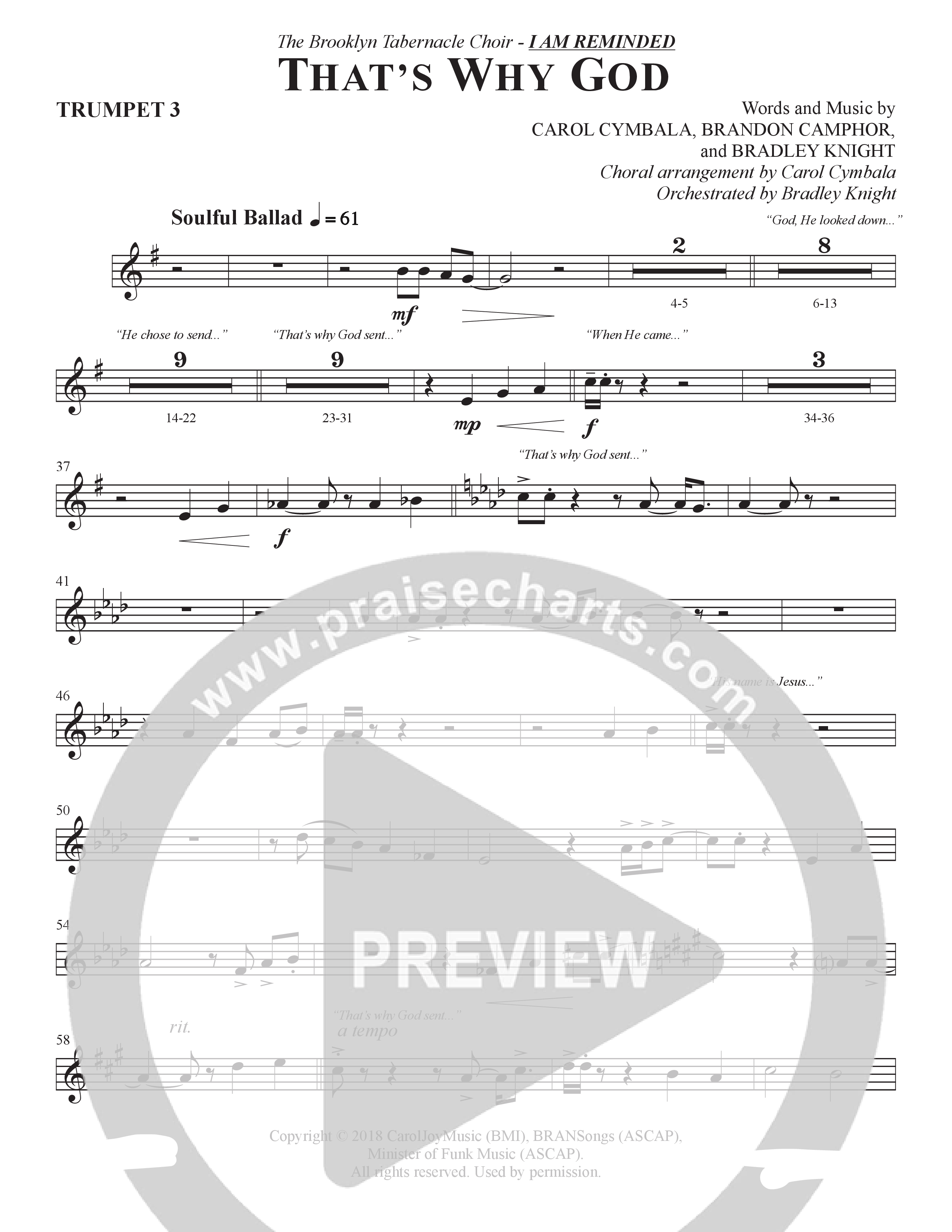 That's Why God (Choral Anthem SATB) Trumpet 3 (The Brooklyn Tabernacle Choir / Arr. Carol Cymbala / Orch. Bradley Knight)